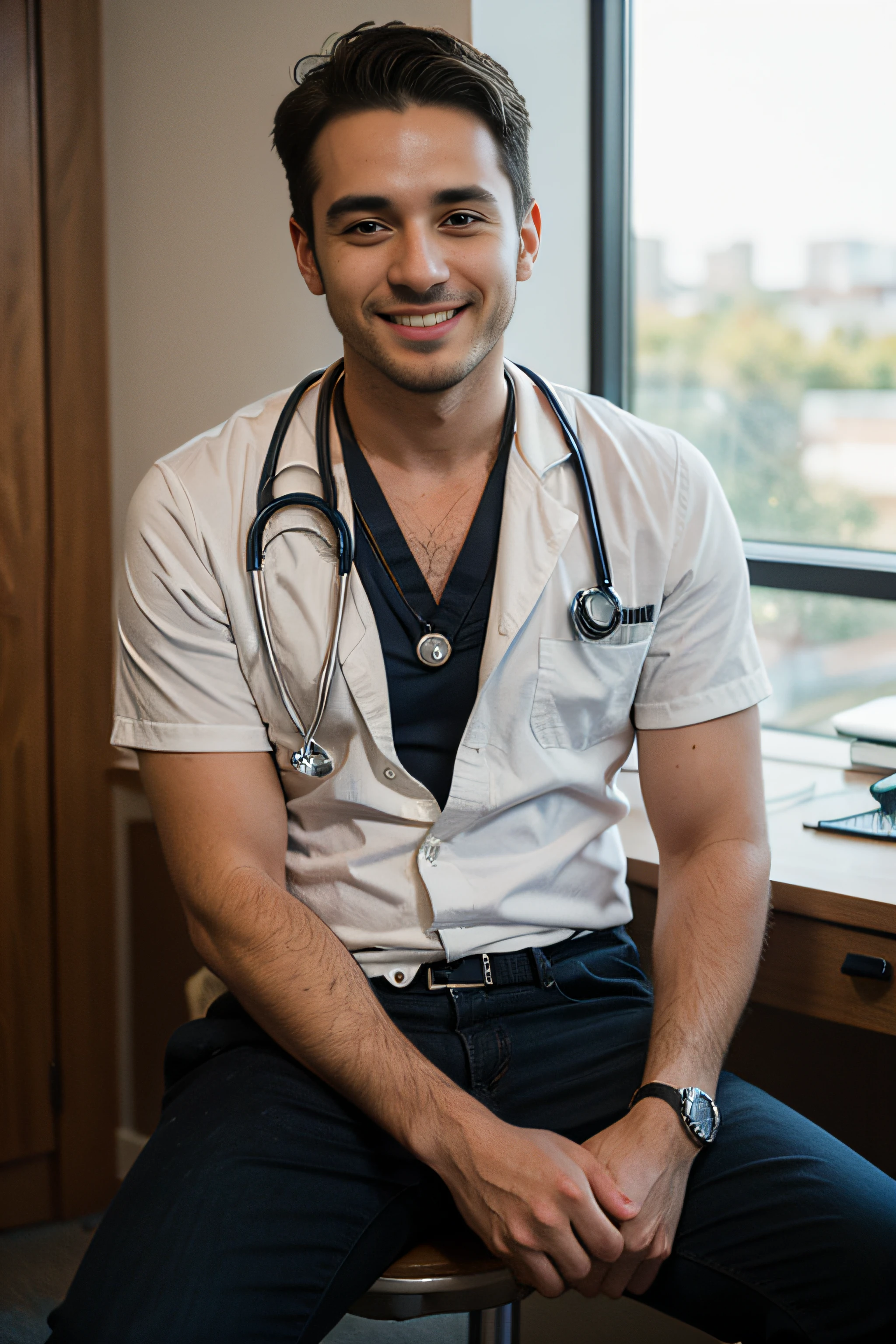 Modern 29-year-old endomorphed male doctor with short hair sitting in luxury office posing with stethoscope, sonriendo levemente varios titulos detras fondo blanco realista