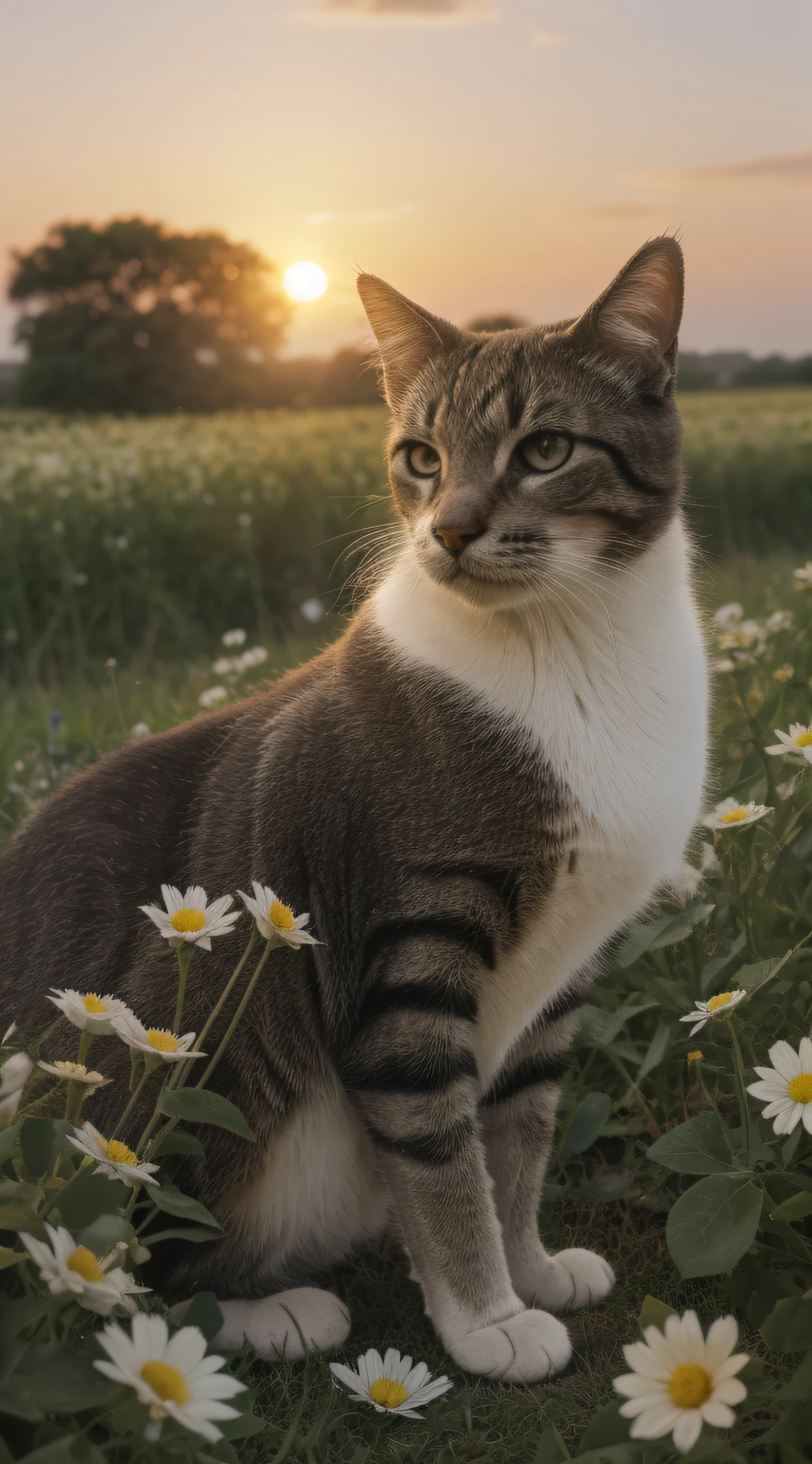 cat (in a very flowery field with diverse and beautiful colors), the sun rising over the horizon, photorealistic, HDR