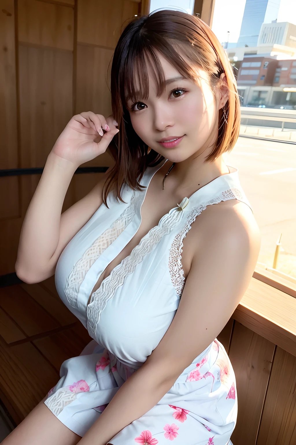 (skin blemish:1.2), (skindentation), black eye, 1woman, 25yo, (((woman))), solo, realistic, best quality, photorealistic, masterpiece, 8k, high res, solo, extremely detailed face, (professional lighting, bokeh), (light particles, lens flare, glowing particles:0.6), (dynamic pose:1.2), soft lighting, top angle view, fashionable and trendy atmosphere, japan, street, tokyo, harbour, skytree, tokyo tower,  ((daytime)), sky, ((looking at the viewer:1)), (looking at the camera),(portrait:0.6), cowboy shot, gorgeous, standing, keep original facial proportion, wide shoulder, full body, (medium breast), (medium hair), brown hair, floating hair, lips, lipstick, seductive smile, floating hair, smile, open_mouth, teeth, blouse, (flowery pattern summer dress:1), eyelashes, mole, (mole under eye:1),