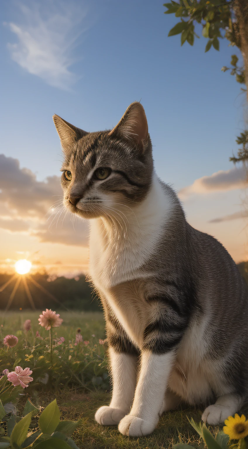 cat (in a very flowery field with diverse and beautiful colors), the sun rising over the horizon, photorealistic, HDR