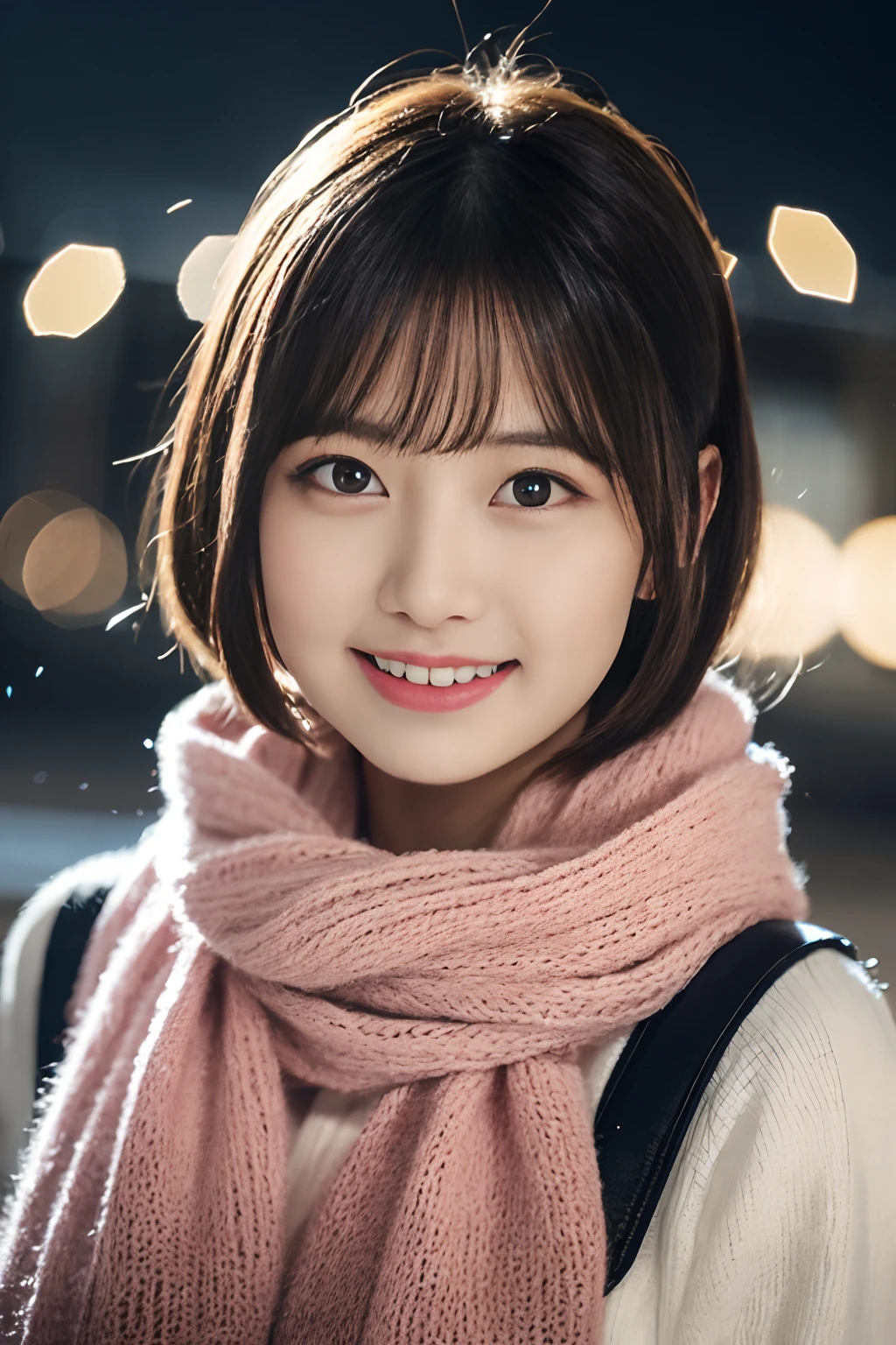 ((no-makeup))、(realisitic、Photorealsitic、ultra-detailliert、Highest Details Skins、top-quality、masterpiece、超A high resolution)、Cute Japan Woman、、hi-school girl、younggirl、1 girl in、I have bangs、二重まぶた、drooing eyes、Large black eyes、Charming、purity、Cute smile、Natural smile、View here、Realistic skin type、Thick muffler、fluffy hair、((Hair is inside the scarf))、Red cheeks、The wind is blowing、It's snowing、illuminations、Lighting from behind、Medium Bob Cut、nightcity