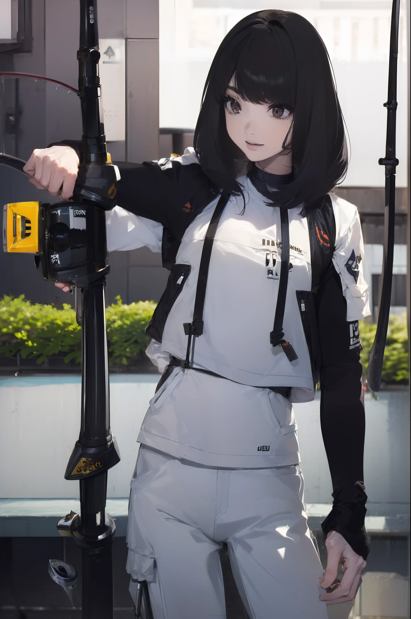 ((((Have a fishing rod with a reel:1.5)))),((Female 28 years old)),((Best Quality:1.5)),(((Fine fingers、Ratio 4 fingers and 1 thumb,detailed arms,detailed human hands))),(((Hands with the correct number and structure of fingers:1.4))),((Lakeside:1.37)),hight resolution,ultra-detailliert,masterpiece,best qualtiy,(Eight-headed body),(1 fishing rod,Holding a fishing rod in your hand,Fishing lure rod,Fishing Reel,with long sleeve hood,Outdoor Vest,parka,Long pants for fishing,Big backpack),thin and long legs,Beautiful hip line,Beautiful spine,constricted back,Toned waist,beutiful breast),,Gentle smile,shiny lip,(1 fishing rod,Straight stretch fishing rod,Long fishing rod,Woman fishing with fishing rod in hand),Black hair, long eyeslashes, Solid Circle Eyes, drop shadow, Atmospheric perspective,Super Detail, ccurate, small brest,top-quality, blurry backround, bokeh dof:1.2, (masterpiece:1.3), Atmospheric perspective,Super Detail,dynamic compositions, Ultra High Quality,