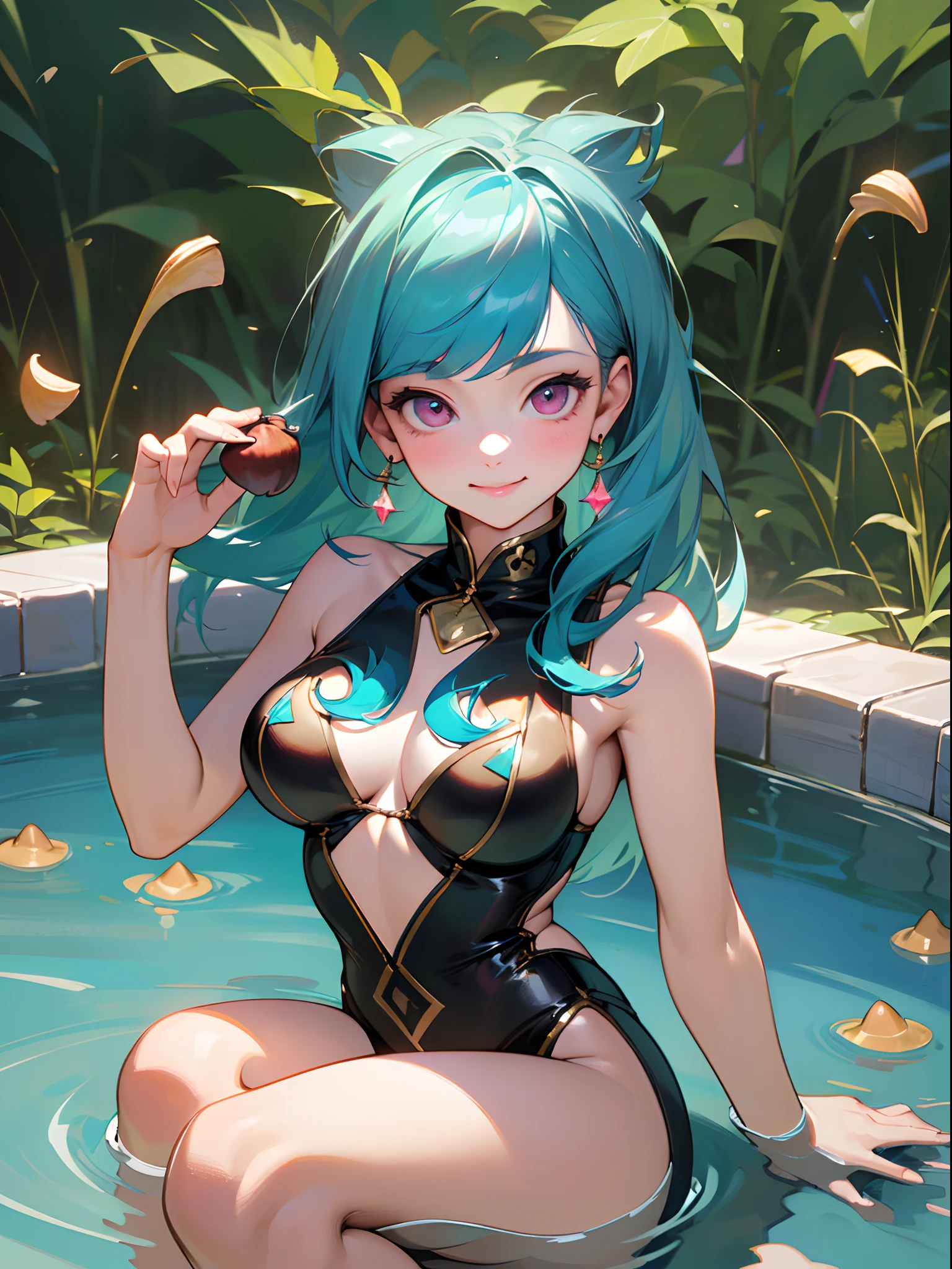 (Best quality:1.2, highres, realistic:1.37), 16-year-old girl with aqua blue hair and pink eyes, smiling at the viewer while holding acorns in both nostrils, wearing a synchronized swimming costume.