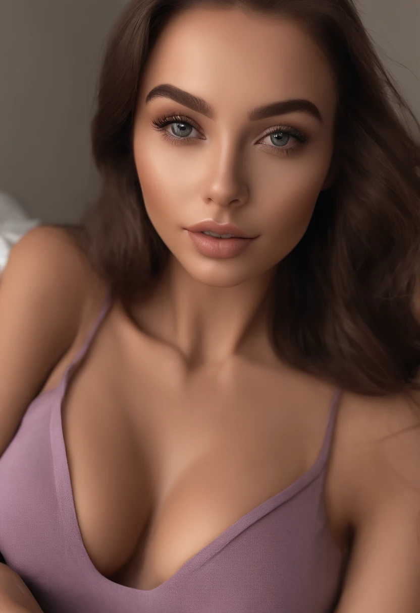 arafed woman fully , sexy girl with brown eyes, ultra realistic, meticulously detailed, portrait sophie mudd, brown hair and large eyes, selfie of a young woman, bedroom eyes, violet myers, without makeup, natural makeup, looking directly at the camera, face with artgram, subtle makeup, stunning full body shot kneeling on bed, in bedroom, medium to large size bust