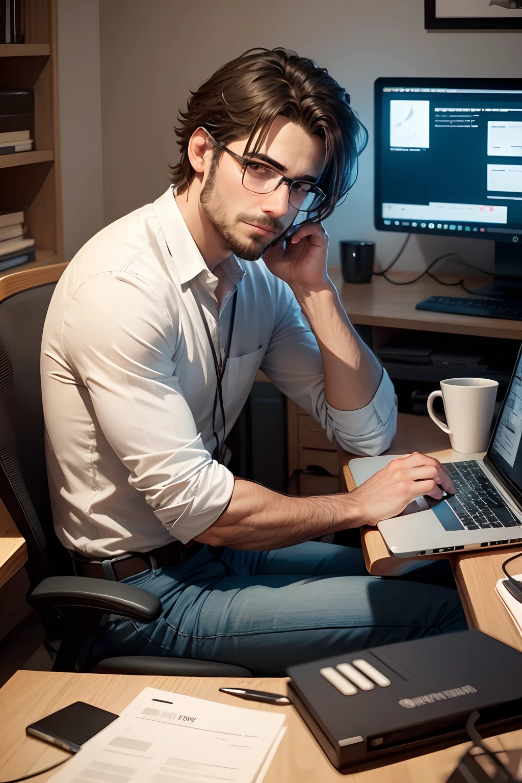 Managing a man sitting in front of his computer --auto