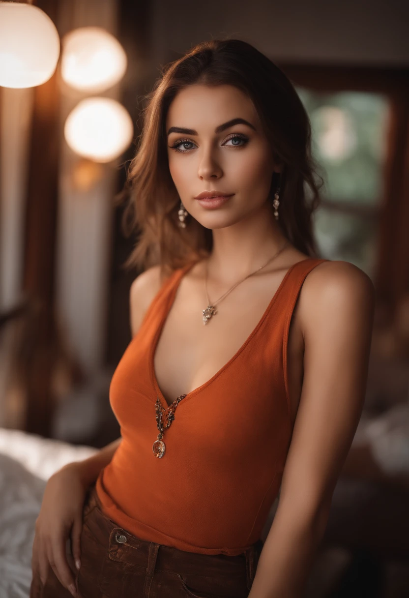 arafed woman with a red tank top and a necklace, sharing drinks with friends, sexy girl with green eyes, portrait sophie mudd, brown hair and large eyes, selfie of a young woman, bedroom eyes, violet myers, without makeup, natural makeup, looking directly at the camera, face with artgram, subtle makeup, stunning full body shot, piercing green eyes, beautiful angle, attractive pose, cute girl, brunette goddess, high detail, satisfied pose, wearing orange boots, skirt, tattoo of a dove on her right shoulder