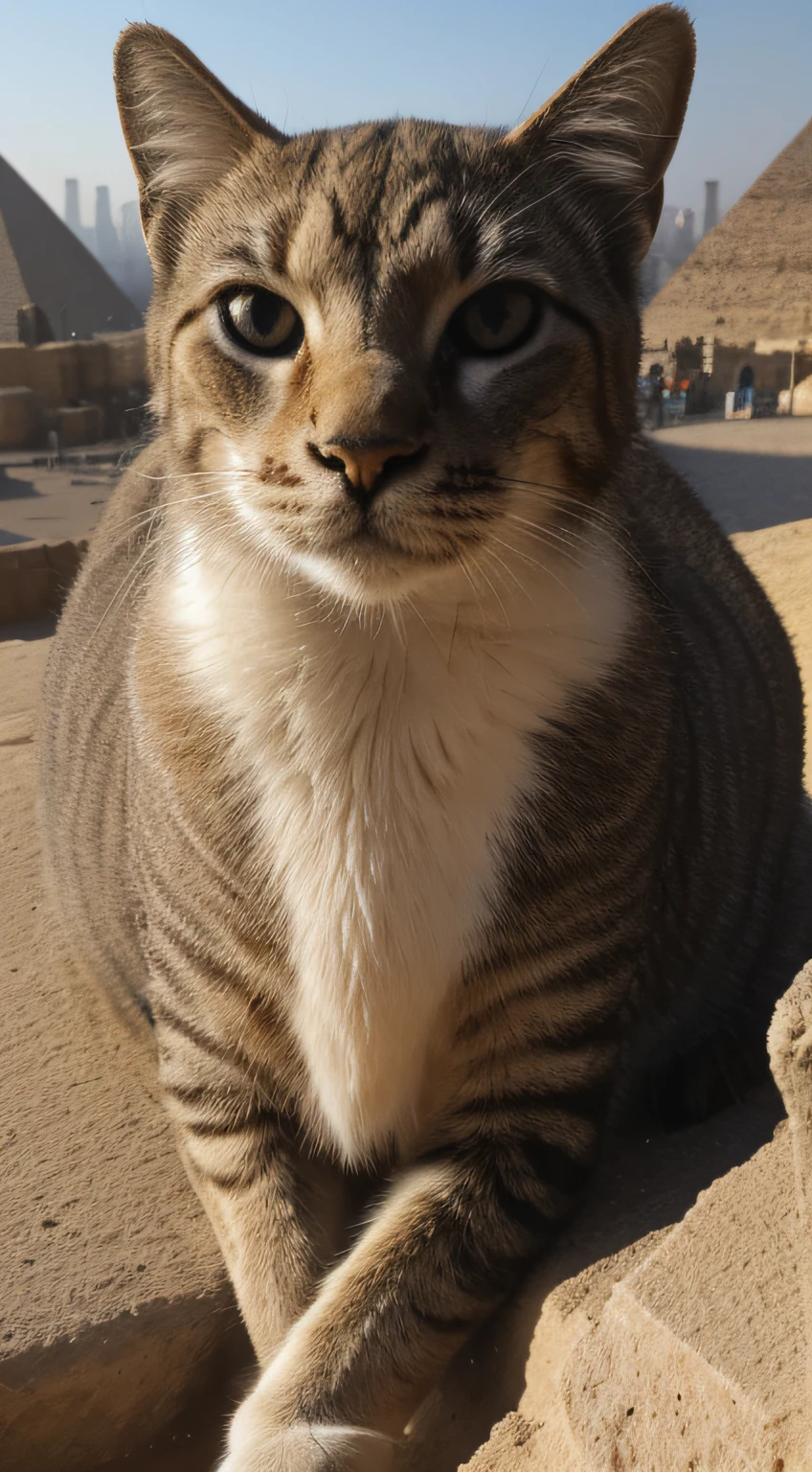 close-up, cat (at the top of the Sphinx in Egypt), view of the 3 pyramids in the background, deserto, photorealistic, HDR