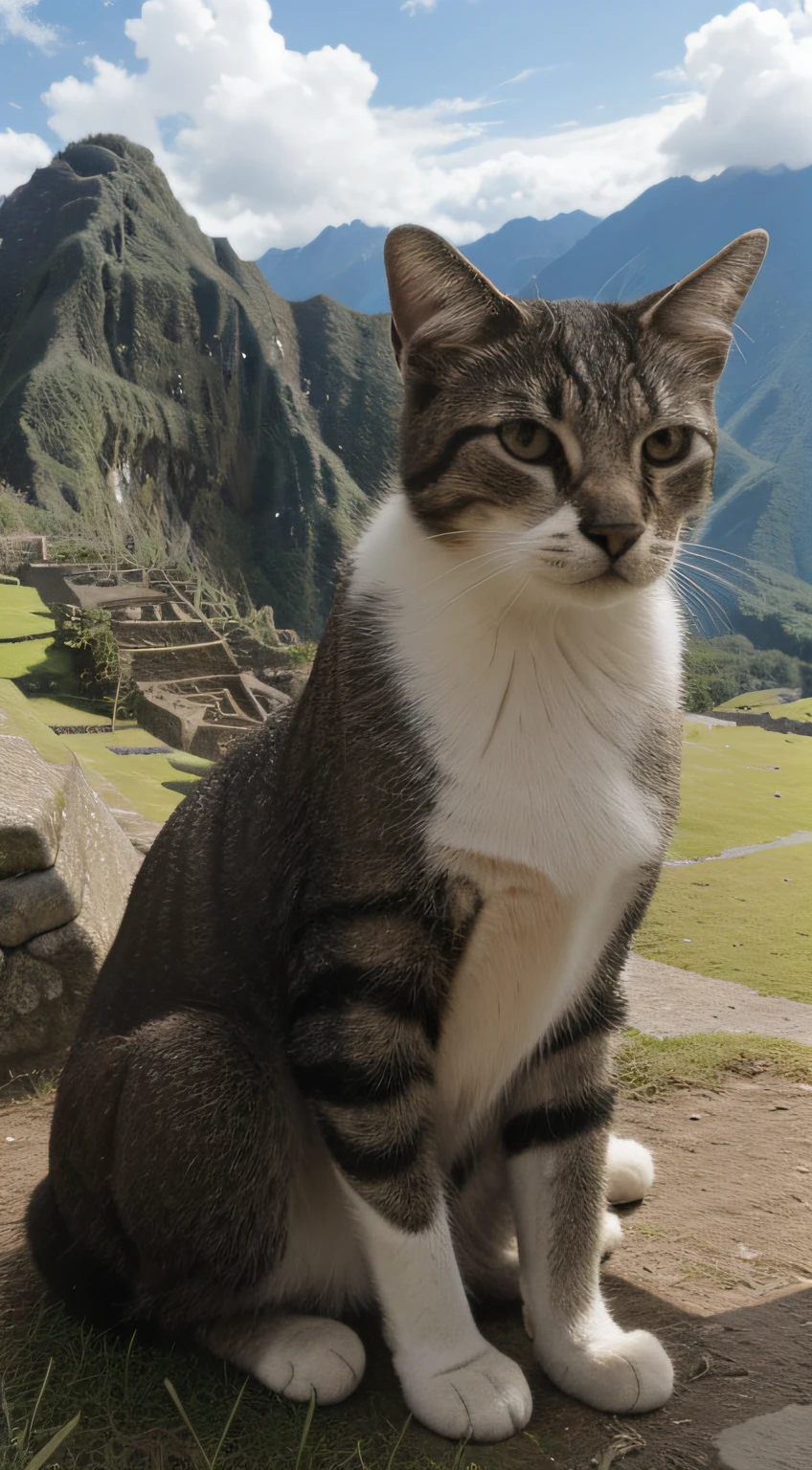 closer, cat (sitting on the grass), in the background the ruins of Machu Picchu, photorealistic, HDR