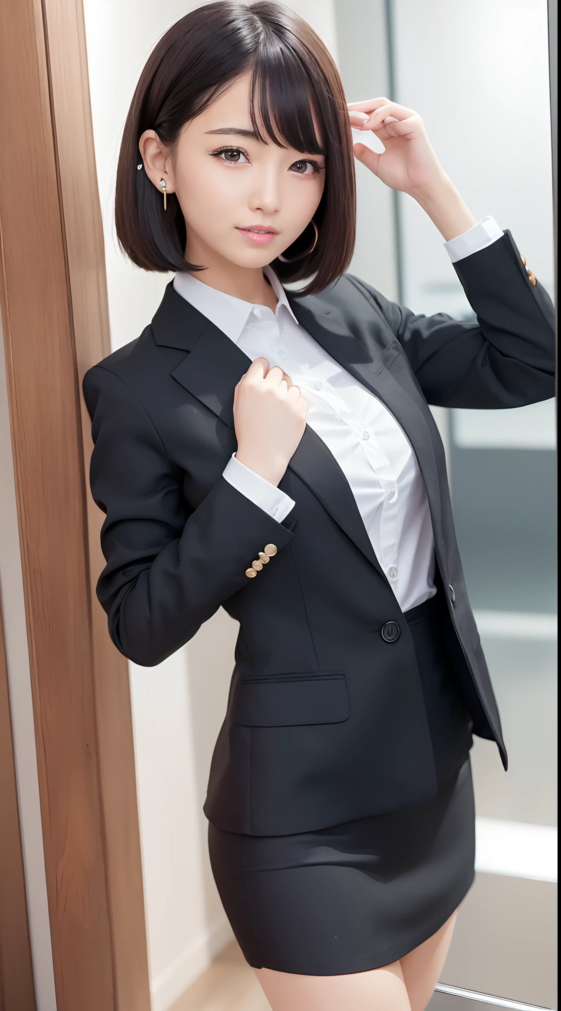 (8k, top-quality, ​masterpiece:1.2), (realisitic, Photorealsitic:1.37), ultra-detailliert, 1 girl in, japanes、Long black hair、full bodyesbian, outside of house, (Adjusted hair:1.5) Officelady, Black Office Blazer, Office Skirt, (panthyhose: 1.2)、(Short button-down shirt:1.2)、Button Up Color Prim、Button Down Color Prim、bura、(panthyhose:1.2)、Alpha Layer、high-heels、earring beautiful、cute little、独奏、Beautiful detailed sky、(a smile:1.15)、(Mouth closed)、tiny chest、Eyes in Beautiful Details、Business attire、（short-hair：1.2）、Floating Hair NovaFrogStyle、