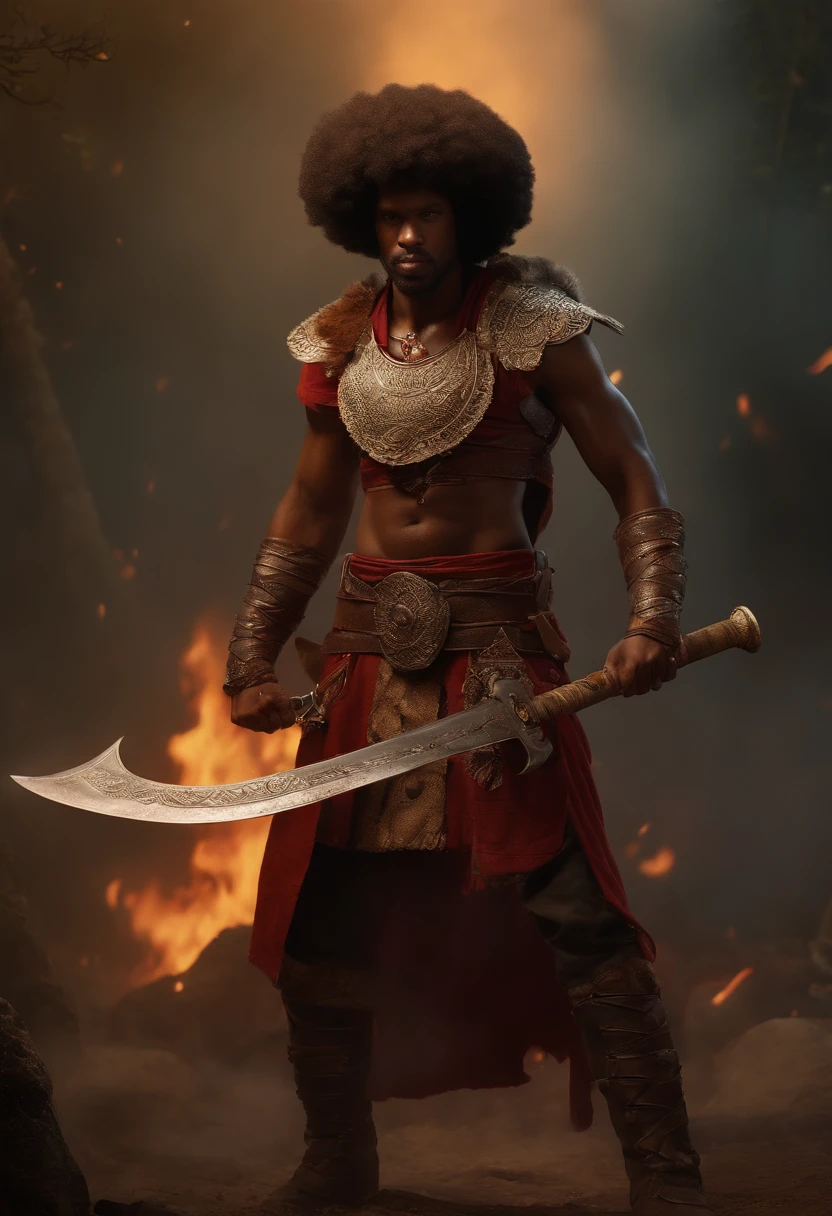 (((Intricate details))), (((highest quality))), (((extreme attention to detail))), (((complex composition))). afro warrior burned with low lighting, in his hands an ax with two shiny and finely crafted blades despite the rustic and suspenseful atmosphere. attack position in a violent war, Incorporate a dark color palette with subtle touches of red to highlight key features. Flames around your body Emulate the mysterious atmosphere of cinematic light.