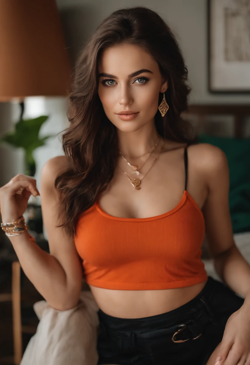 arafed woman with a red tank top and a necklace, sharing drinks with friends, sexy girl with green eyes, portrait sophie mudd, brown hair and large eyes, selfie of a young woman, bedroom eyes, violet myers, without makeup, natural makeup, looking directly at the camera, face with artgram, subtle makeup, stunning full body shot, piercing green eyes, beautiful angle, attractive pose, cute girl, brunette goddess, high detail, satisfied pose, wearing orange boots, skirt, tattoo of a dove on her right shoulder