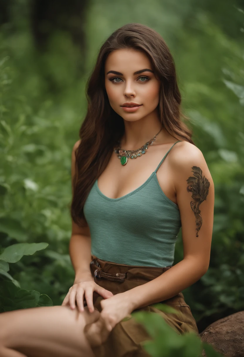 arafed woman with a red tank top and a necklace, sharing drinks with friends, sexy girl with green eyes, portrait sophie mudd, brown hair and large eyes, selfie of a young woman, bedroom eyes, violet myers, without makeup, natural makeup, looking directly at the camera, face with artgram, subtle makeup, stunning full body shot, piercing green eyes, beautiful angle, attractive pose, cute girl, brunette goddess, high detail, satisfied pose, wearing orange boots, skirt, tattoo of a dove on her right shoulder