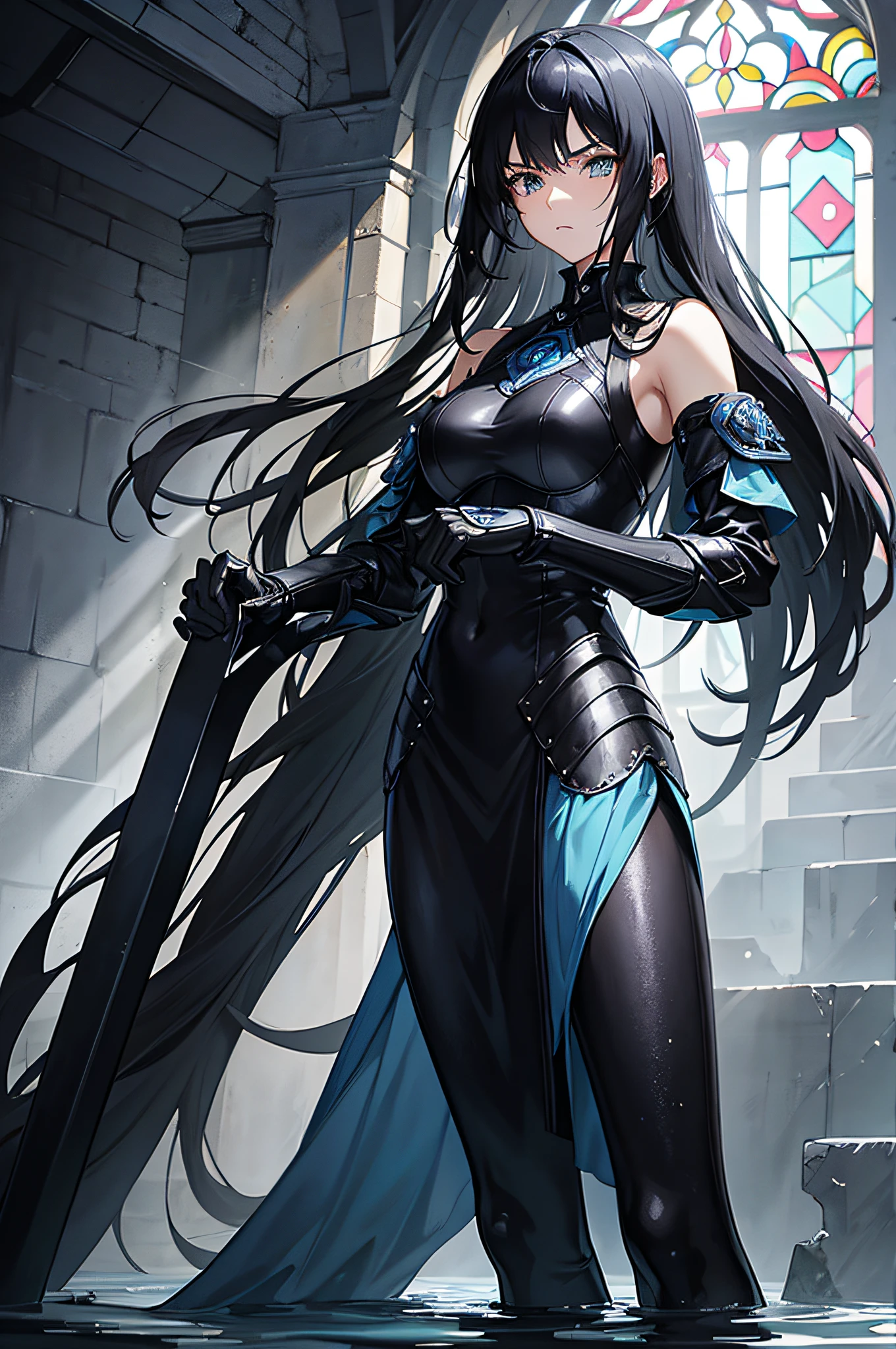 anime girl, slender and graceful woman, wavy black hair, beautiful and serious face, determination; light blue-dyed leather armor, defense stance, tension; Abandoned medieval cathedral, dim, obscured, broken colored stained glass worn out by time, 4k, high detail,