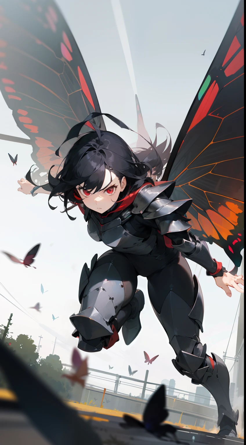 1girl,mature,black armor,medium red butterfly wings, solo, serious,red eyes,black hair,flying in road,attacking,((no butterflys around )),insect antenna,