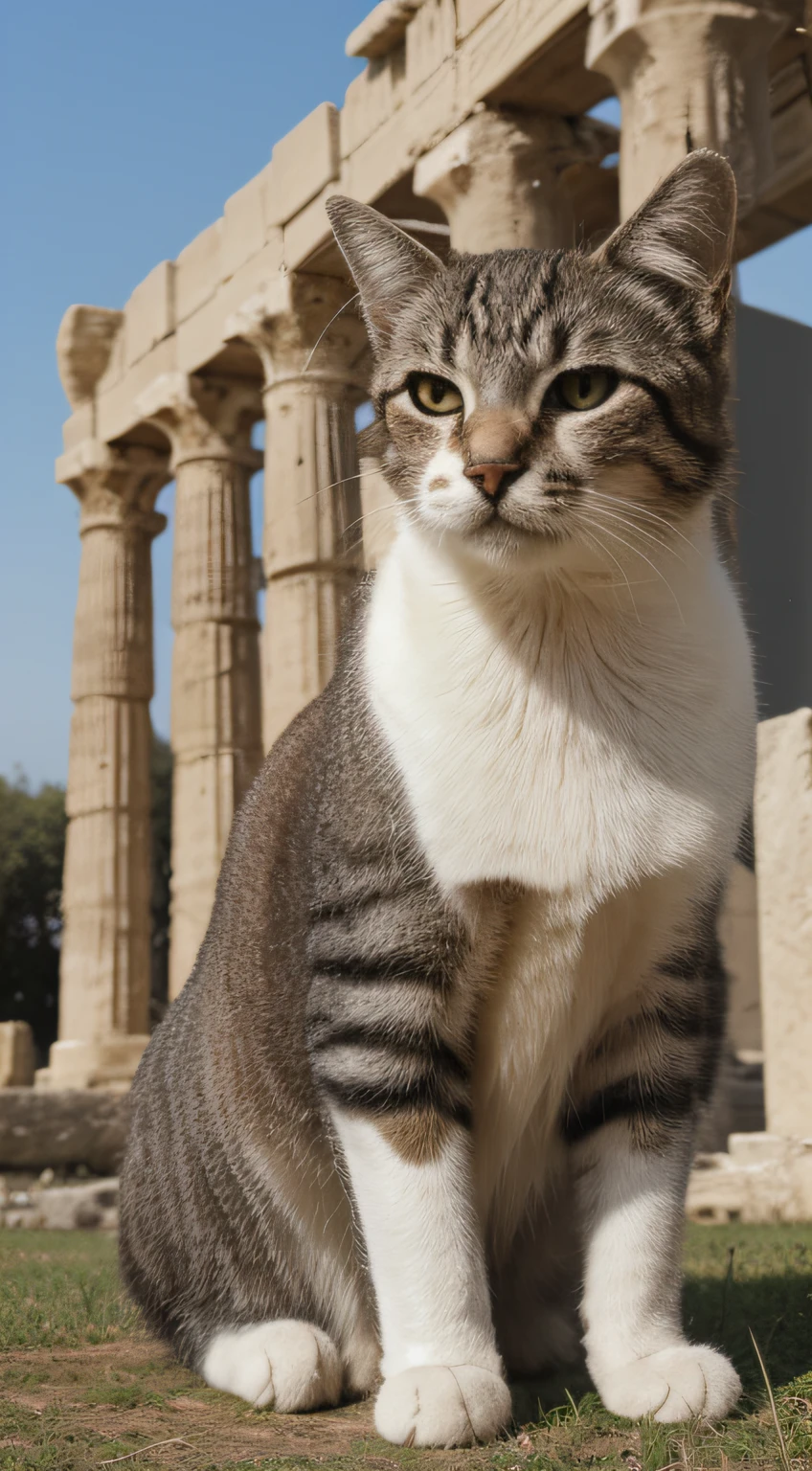 closer, cat (sitting on the grass), in the ruins of a Greek temple in Athens, photorealistic, HDR