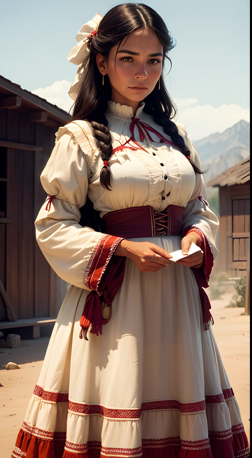 Creat 9:16 image depicting a beautiful women of old West Native American in summer hot dress receiving a letter from her future husband, old western vintage color, classic vintage USA old west, showcasing the anticipation and romance of mail-order brides