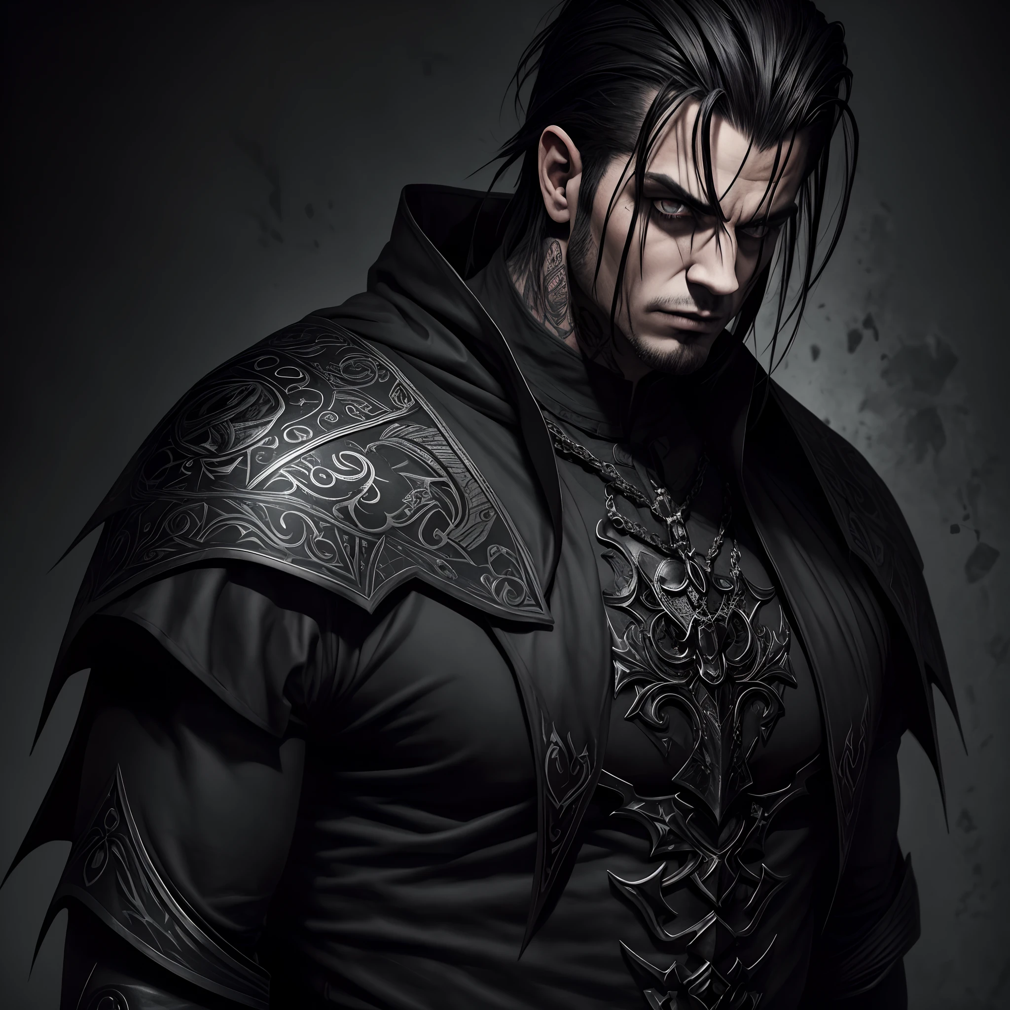 An epic wallpaper of a man, vampiro, Gothic style, capuz preto, cabelos pretos, armadura de couro escuro, aldeia, Sombras, olhos vermelhos escuros, artes de salpicos, aesthetic for Tshirt design, altamente detalhado, medieval, darkeness, sangue