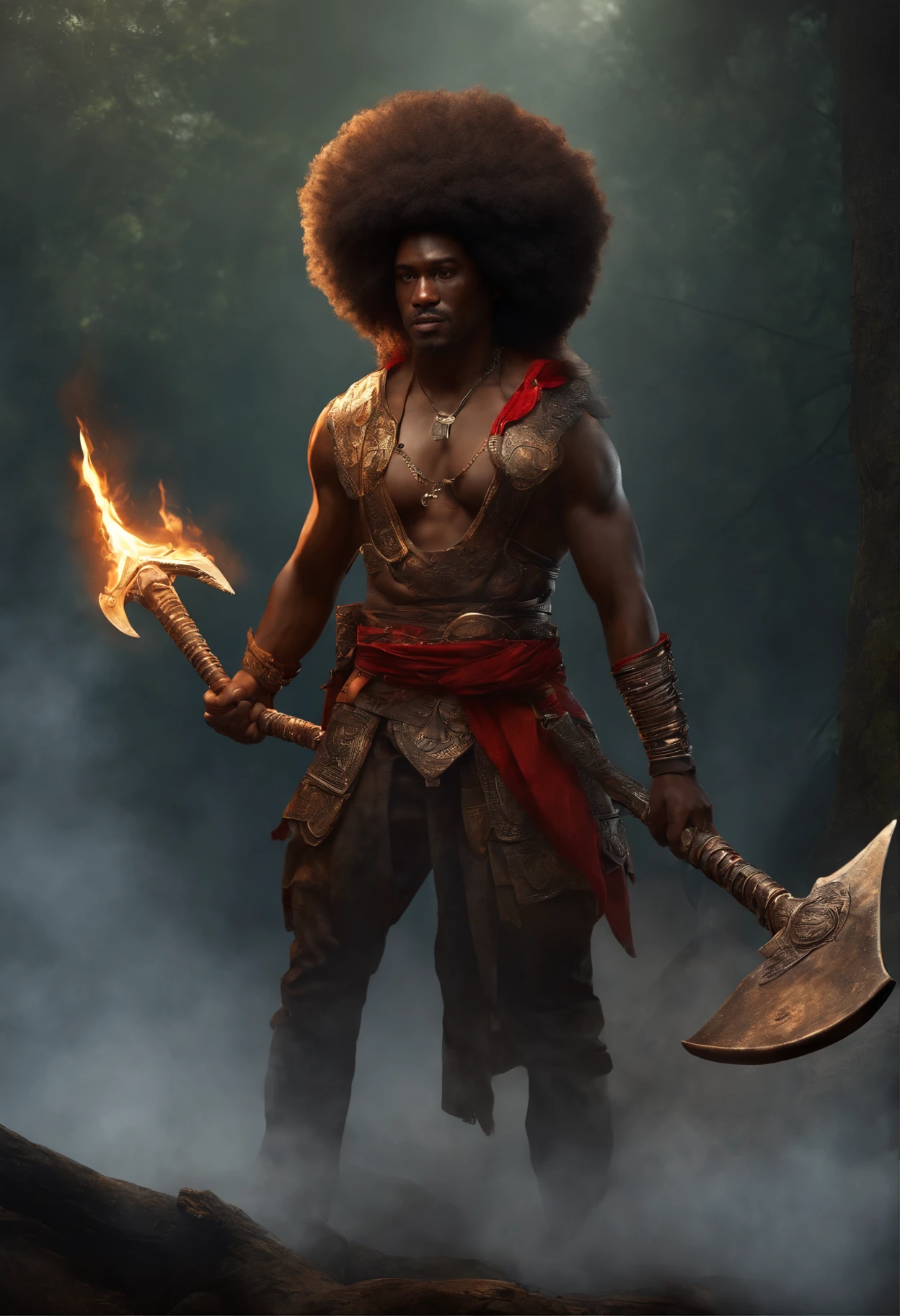 (((Intricate details))), (((highest quality))), (((extreme attention to detail))), (((complex composition))). afro warrior burned with low lighting, in his hands an ax with two shiny and finely crafted blades despite the rustic and suspenseful atmosphere. attack position in a violent war, Incorporate a dark color palette with subtle touches of red to highlight key features. Flames around your body Emulate the mysterious atmosphere of cinematic light.