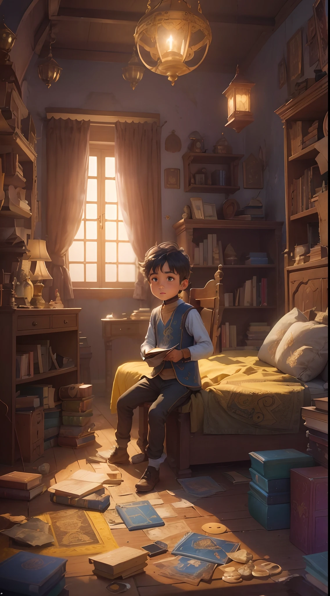 Draw a magical scene in a basement of an abandoned house, onde um menino aventureiro, com cabelos curtos, uma camiseta colorida e shorts, is exploring with curiosity. A luz do sol, filtering through dusty windows, creates beams of light that illuminate the gloomy environment and create a mysterious and magical atmosphere.

The boy is wearing comfortable, dusty sneakers, mostrando sinais de suas muitas aventuras anteriores. His eyes sparkle with excitement as he examines the site with an old book in his hands. O livro parece desgastado pelo tempo, mas possui uma capa brilhante e encantadora, with runes and magical symbols engraved in gold and silver.

Enquanto ele segura o livro, Magical sparks in vibrant colors come out of the pages, Dancing around him like little stars. These sparks reveal the magic he just discovered upon opening the enchanted book.

The basement itself is a picturesque scene, with enigmatic details. Livros antigos e poeira flutuam pelo ar, e teias de aranha adornam os cantos escuros. As the boy advances, He discovers old chests and mysterious objects, Each telling a unique story of the house's past.

The color palette is composed of vibrant tones, highlighting the contrast between the magical world and the dark environment. The colors of the magic sparks are especially striking, adding a sense of wonder and charm.

The scene is richly detailed in 3D style, with realistic textures on the basement stone walls, intricate details in the objects and special care in the boy's features, who express their curious expression and fascination at the unexpected discovery.

The image conveys the feeling that this boy is about to embark on a magical and exciting journey, full of mysteries and adventures as he delves into the magical book found in the basement of the abandoned house. --auto
