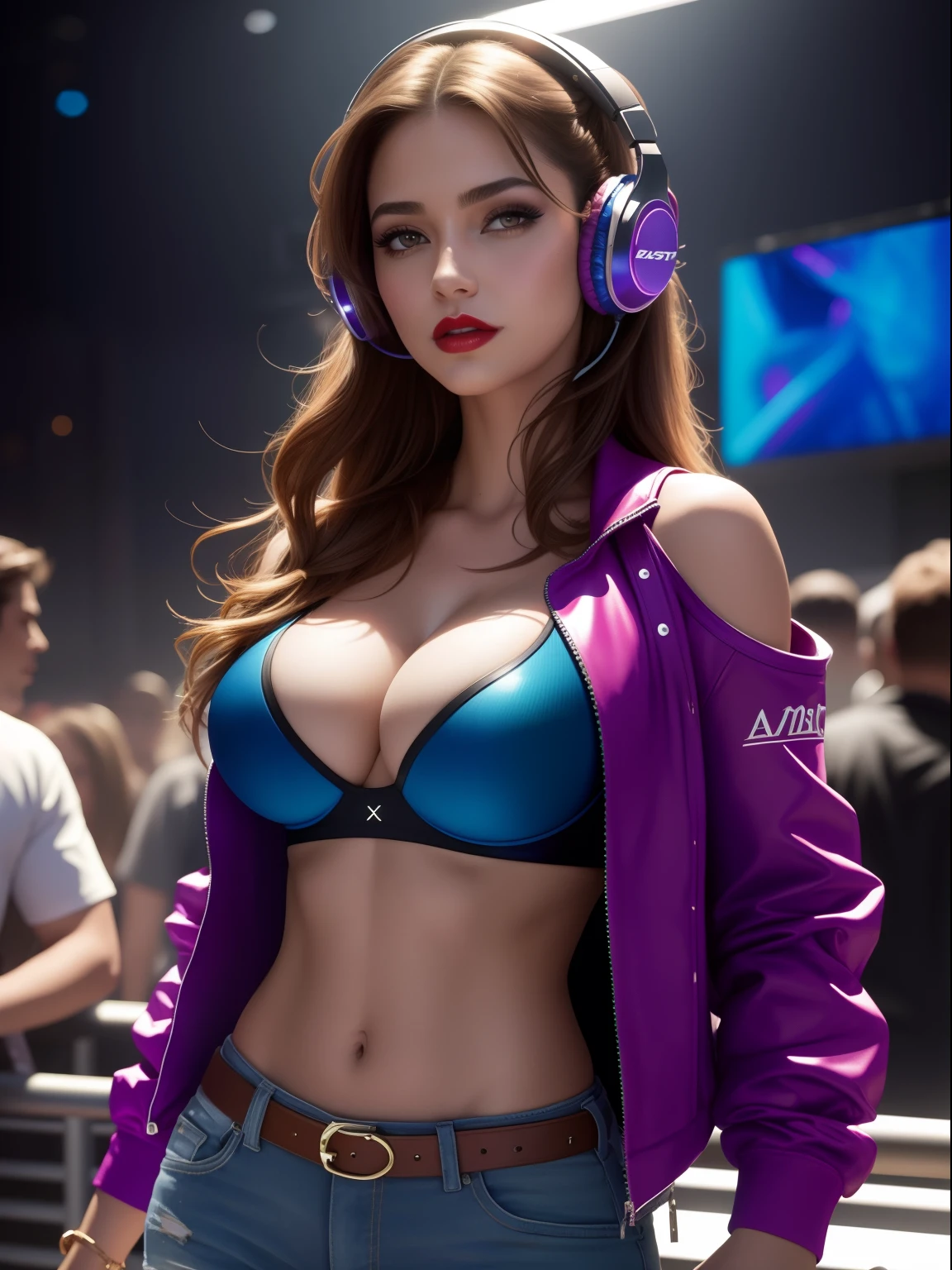 style-paintmagic,(high detail, hyper quality, high resolution, 16k UHD), (official art), Cowboy shoot, Female DJ, Fashion sports bras, off-shoulder jacket, headphones, The upper part of the body, Look at the crowd, Disco lights, Perfect light and shadow,depth of fields,fashi-girl,realistic, makeup, red lips, big boobs,