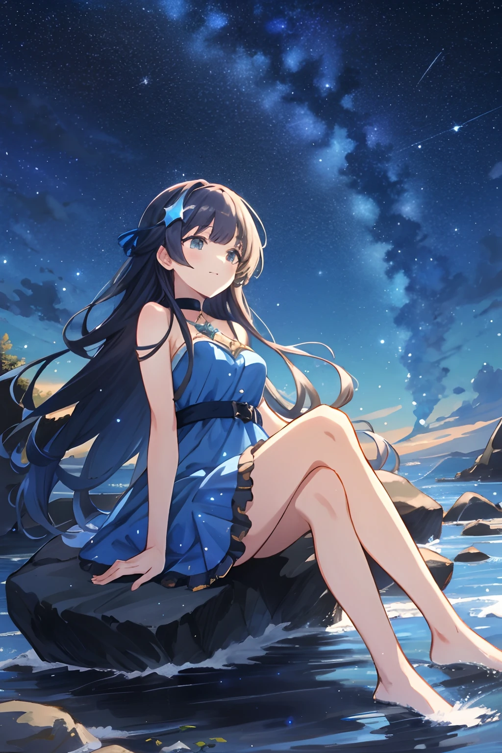 anime girl with long hair and blue dress sitting on a rock, けもの, star(sky) starry_sky, amalgamation of magical stars, starry sky!!, 8k!!, moonlit starry sky environment, summer night, beautiful celestial mage, night under the starry sky, astral fairy, idolmaster, shadowverse style, magic star
