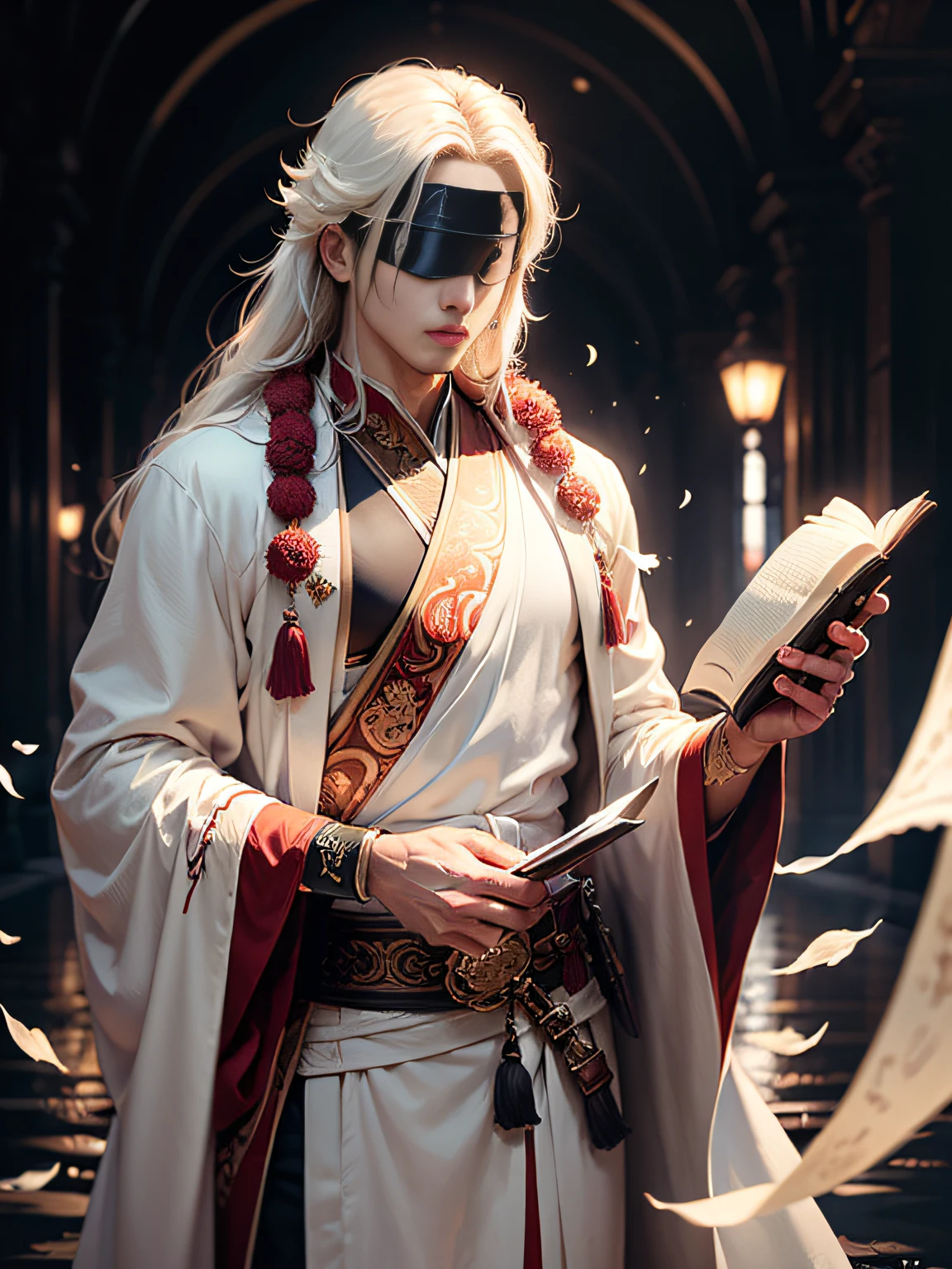 (Anime style, Guvez style, long hair white robe, holding a sword, holding a book, flowing white robe, blindfolded, Yang J, Zhiding, handsome art painting, beautiful character painting, Shi Tao),