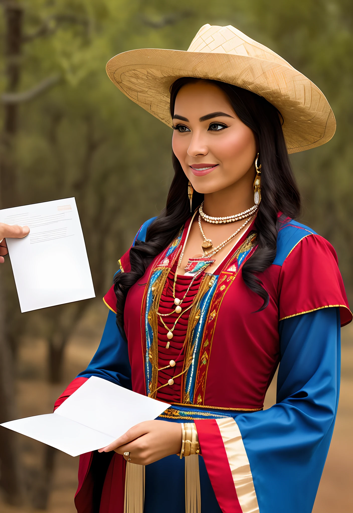 Create an image depicting a beautiful women of old West Native American in summer hot dress receiving a letter from her future husband, showcasing the anticipation and romance of mail-order brides