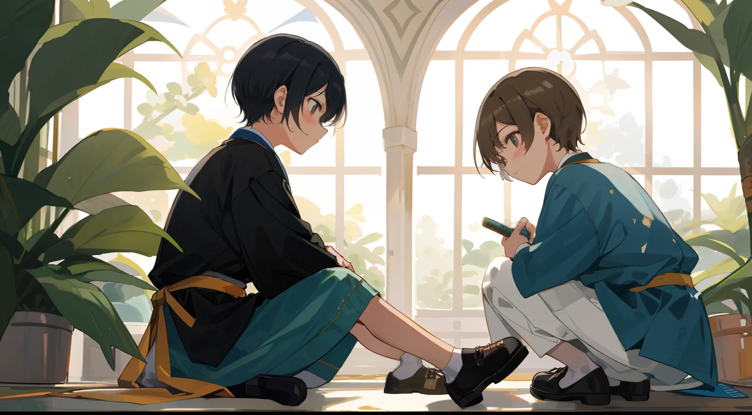 Imagem HD, muitos detalhes, children's youthful style, olhos azuis fortes e vibrantes, cena interior, Two short-haired boys sitting on the floor, usando moletons brancos finos e meias pretas para os joelhos, sorridente, black shoes, profundidade de campo, whole body view.