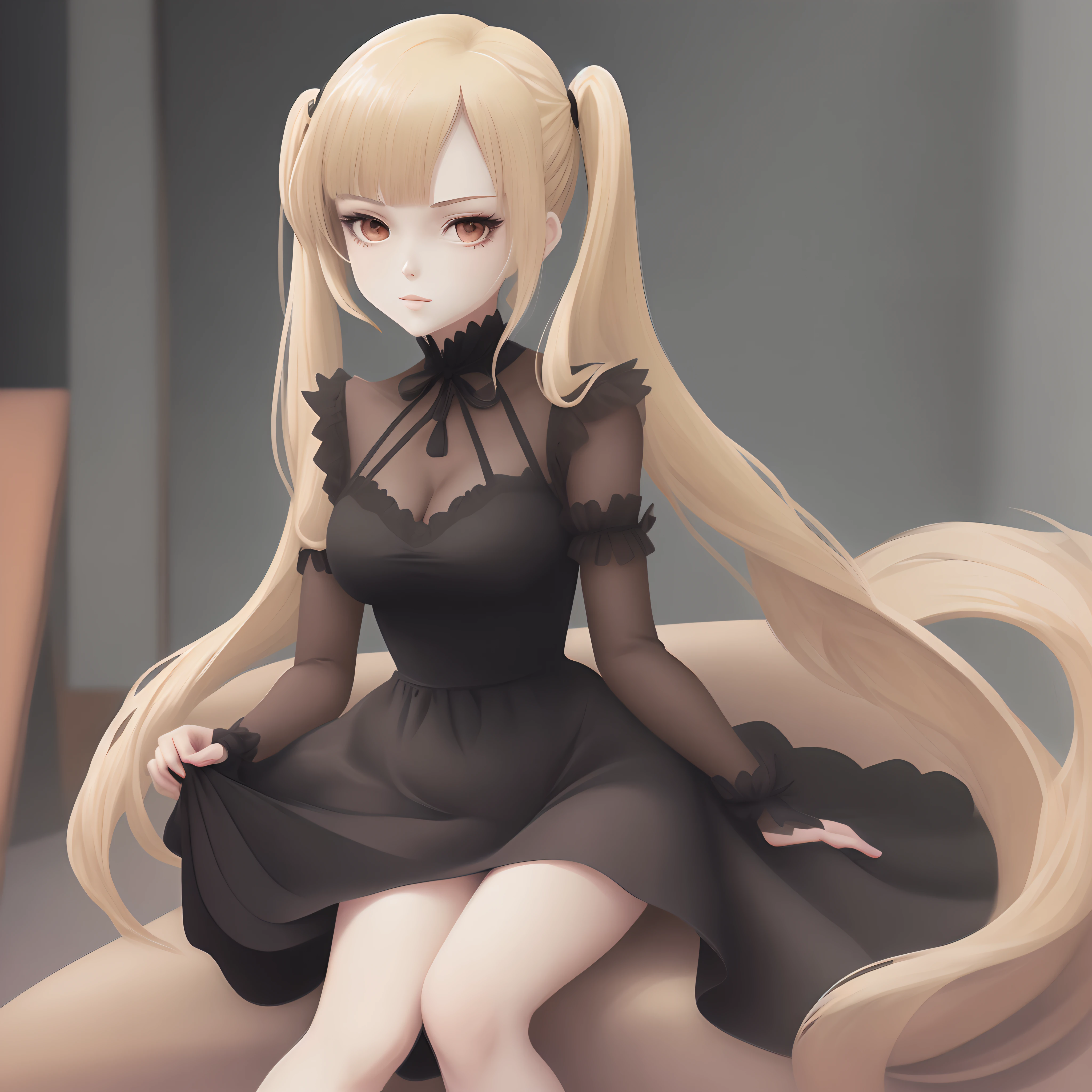 photo of beautiful woman, 2D anime style drawing, long blonde hair with two pigtails, long bangs, wearing beautiful black dress