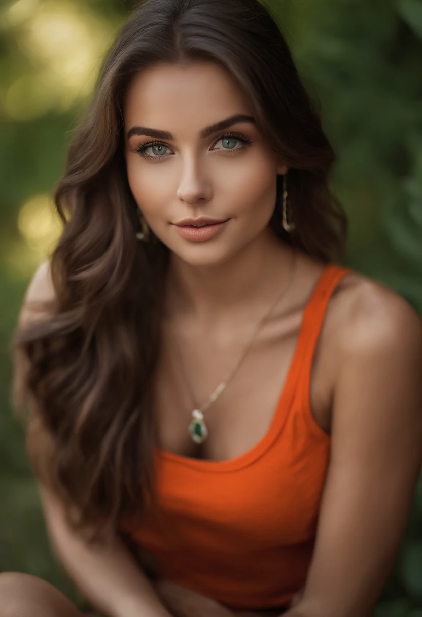 arafed woman with a red tank top and a necklace, sharing drinks with friends, sexy girl with green eyes, portrait sophie mudd, brown hair and large eyes, selfie of a young woman, bedroom eyes, violet myers, without makeup, natural makeup, looking directly at the camera, face with artgram, subtle makeup, stunning full body shot, piercing green eyes, beautiful angle, attractive pose, cute girl, brunette goddess, high detail, satisfied pose, wearing orange boots, skirt, small mole on the left side of her chest