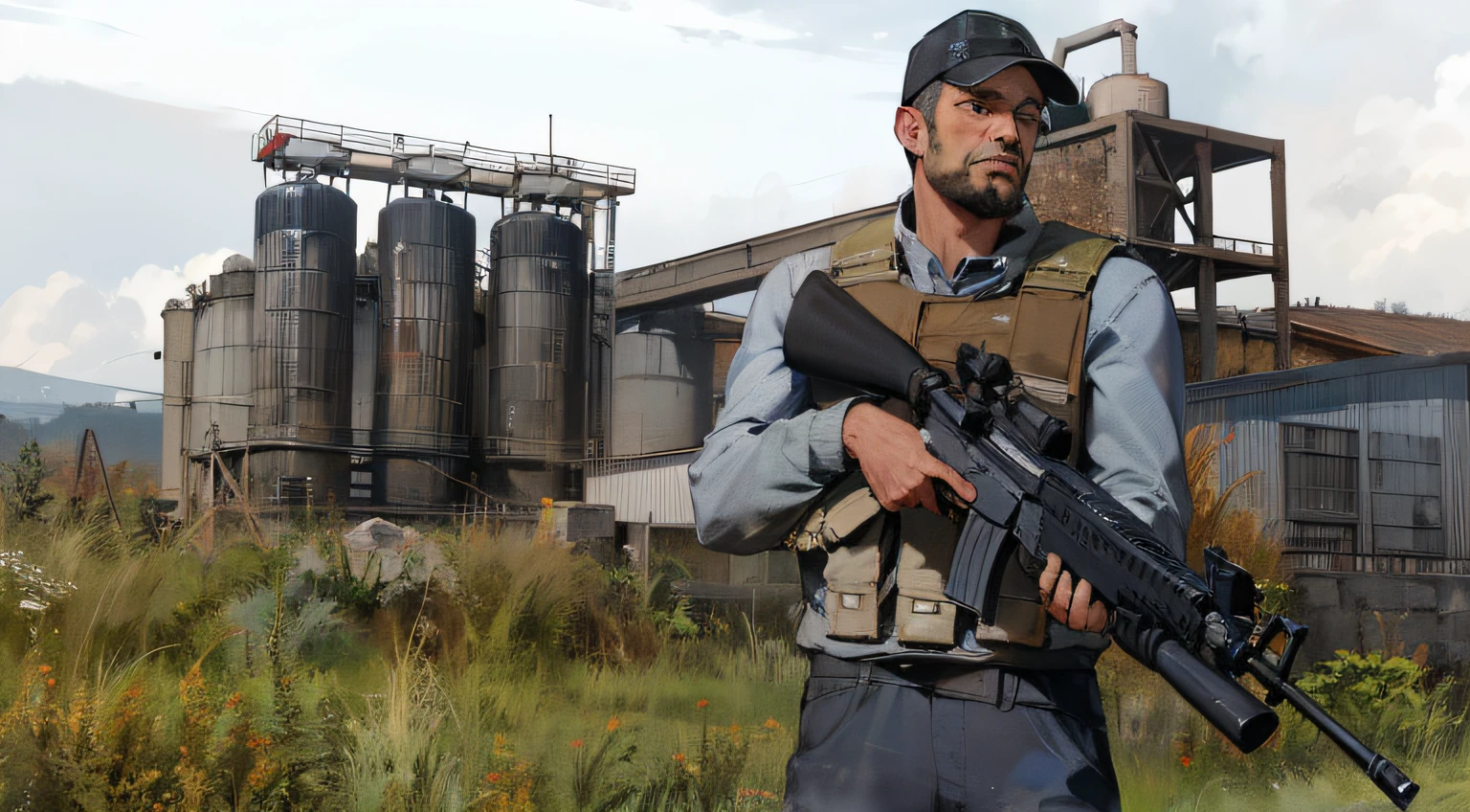 Arafed man holding a rifle in front of a factory, arma 3 screenshot, Arma 3, Captura de tela do videogame>, dayz, 3rd person shooter, Captura de tela do videogame, captura de tela de alta qualidade, Captura de tela do videogame de 2020, cena com metralhadora, captura de tela do videogame, captura de tela do jogo, em dayz, GMD, cara de armas pesadas, fortemente armado