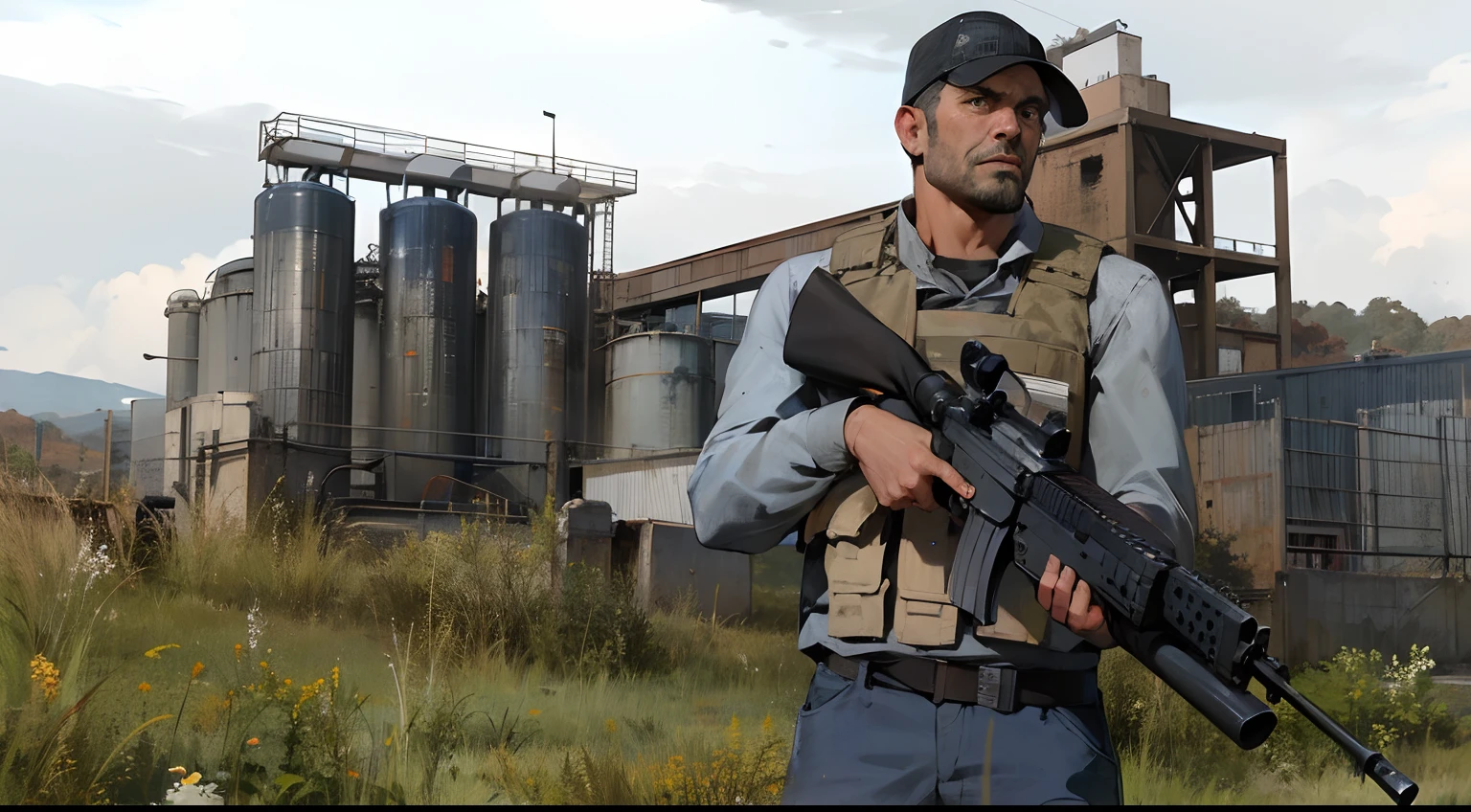 Arafed man holding a rifle in front of a factory, arma 3 screenshot, Arma 3, Captura de tela do videogame>, dayz, 3rd person shooter, Captura de tela do videogame, captura de tela de alta qualidade, Captura de tela do videogame de 2020, cena com metralhadora, captura de tela do videogame, captura de tela do jogo, em dayz, GMD, cara de armas pesadas, fortemente armado