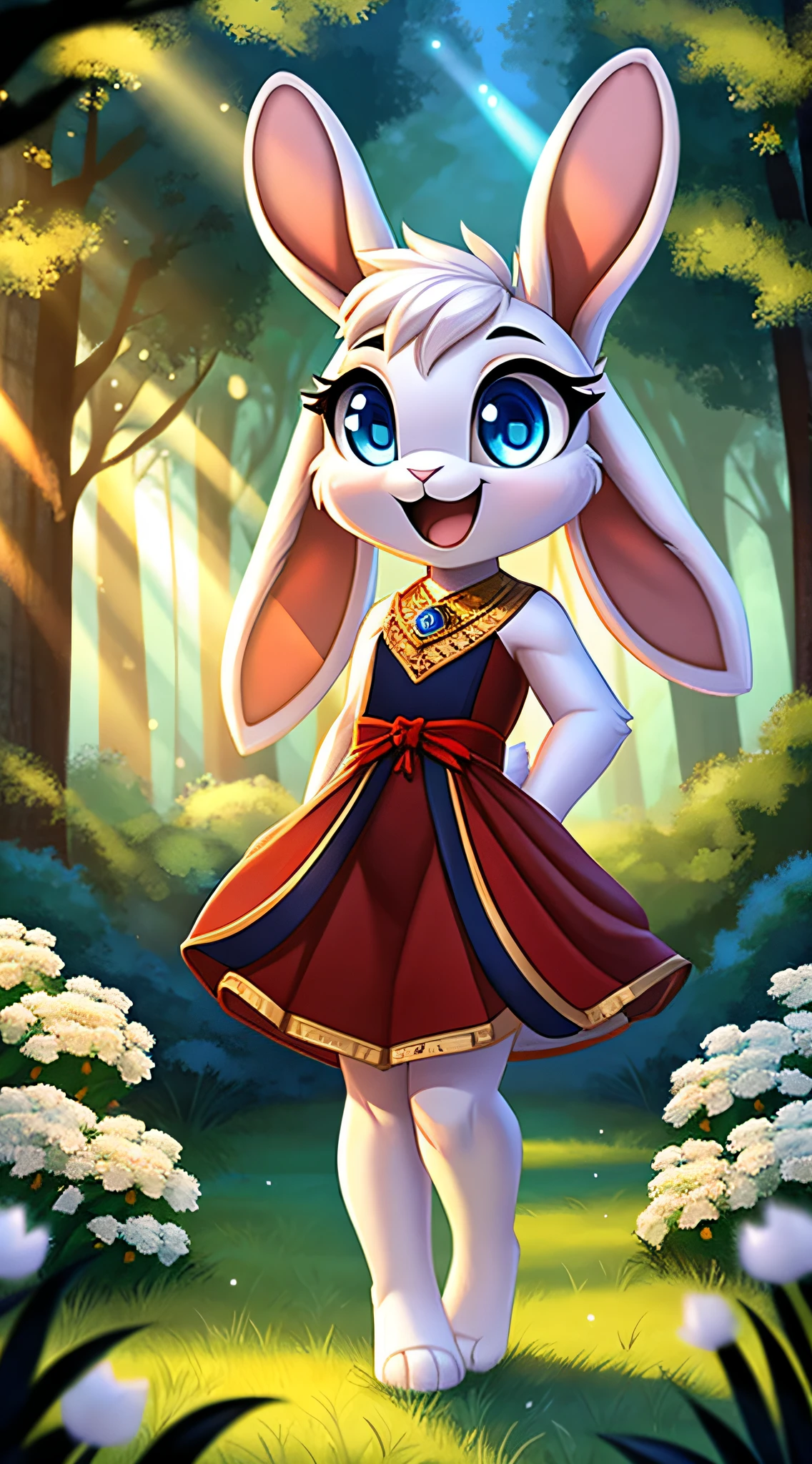 zoomed out image, fantasy style art, cute, adorable, short character, small, tiny little fluffy female white bunny with blue eyes, 4 ears, 2 extra ears, big floppy ears, long ears, ears perked up, raised ears, long eyelashes, poofy rabbit tail, wearing a red frilly ribbon dress, smiling, singing in a forest, big expressive smile, open mouth, wide eyes, excited eyes, excited face, stunning visuals, sunlight coming through the trees, white flowers scattered in the bushes, digital illustration