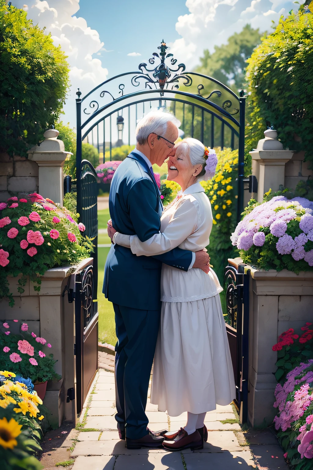 Make an elderly couple embraced and happy with joyful landscapes in a garden full of flowers next to a gate like the sky full of clouds and god looking