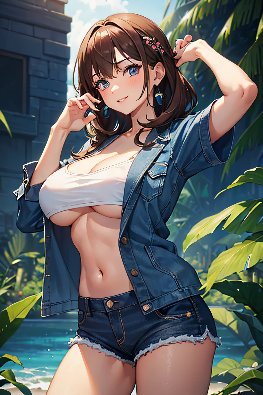 ((Best Quality, 8K, Masterpiece: 1.3)), ((1girl:1.5)), Slim Abs Beauty: 1.3, Casual Hairstyle, Super Fine Face, Delicate Eyes, Double Eyelids, Smile (teeth showing), Dancing, casual white shirt, denim short shorts, dark blue eyes, detailed eyes, navy blue jacket, pink flowers, ocean, very huge boobs, five finger hands, fixed hands, brown hair, tropical