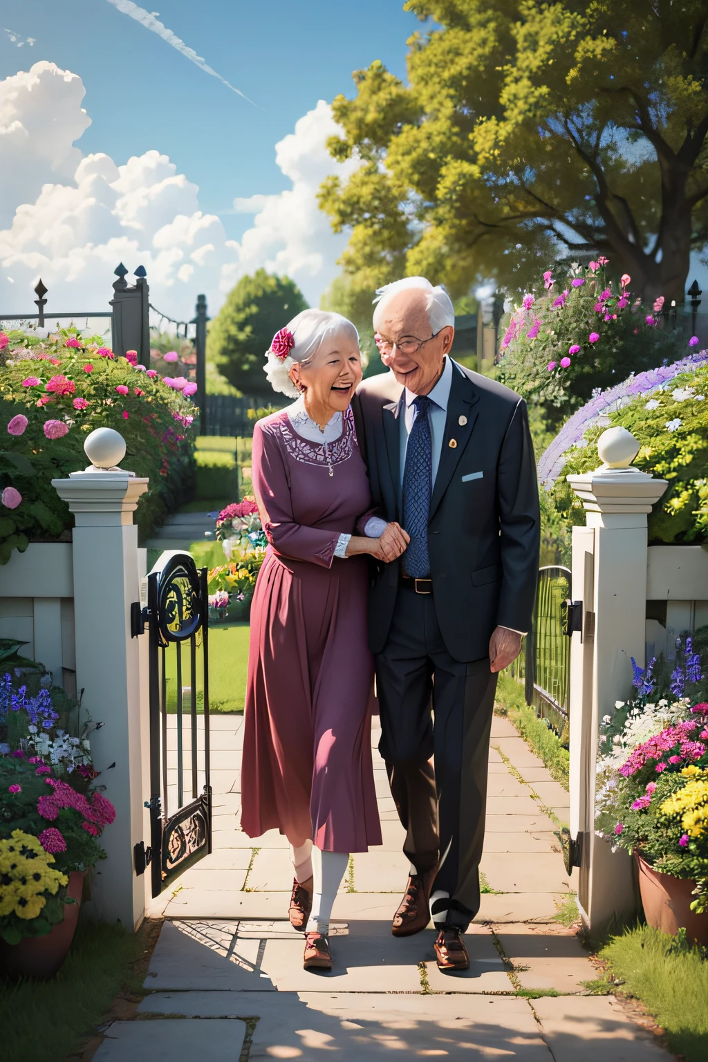 Make an elderly couple embraced and happy with cheerful landscapes in a garden full of flowers next to a gate like the sky full of clouds
