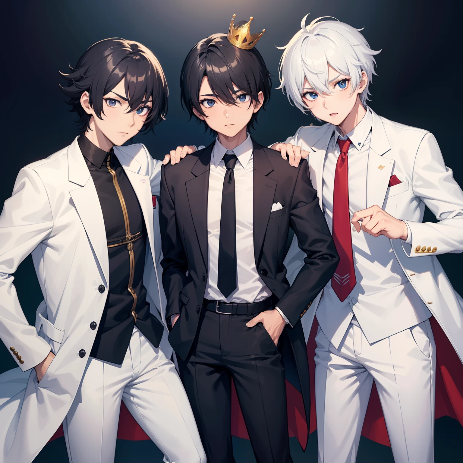 three boys, One of them wears a backwards cap and has black hair, em estilo anime. One of them wears a white suit and white pants with black sneakers and has white hair, em estilo anime. another wears an open white coat and on his head has a crown and on his face has sunglasses and has blond hair. personagem estilo anime, como um personagem de anime, menino anime.