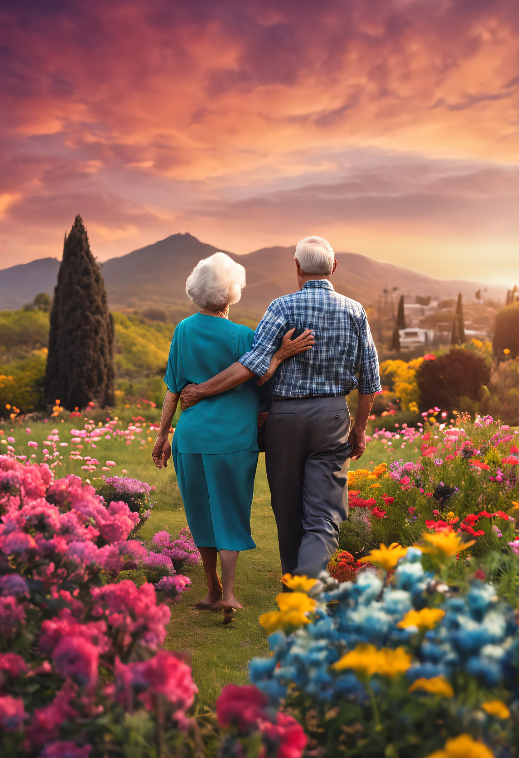 An older couple walking through a garden with flowers - SeaArt AI