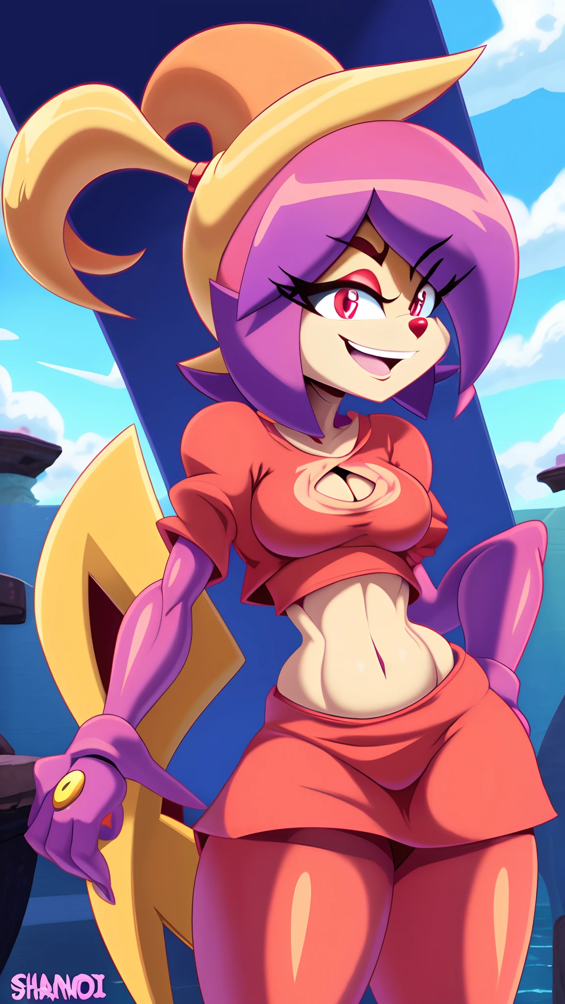 furry female, solo, dot_warner_shoujo, cabelo grande, franja, flor, ornamento do cabelo, olhos azuis, orelhas de animais, pele do corpo, cauda, uniforme escolar, serafuku, saia curta, saia rosa, sorriso, olhando para o espectador, cidade, (shantae_styleAI: 0.9),