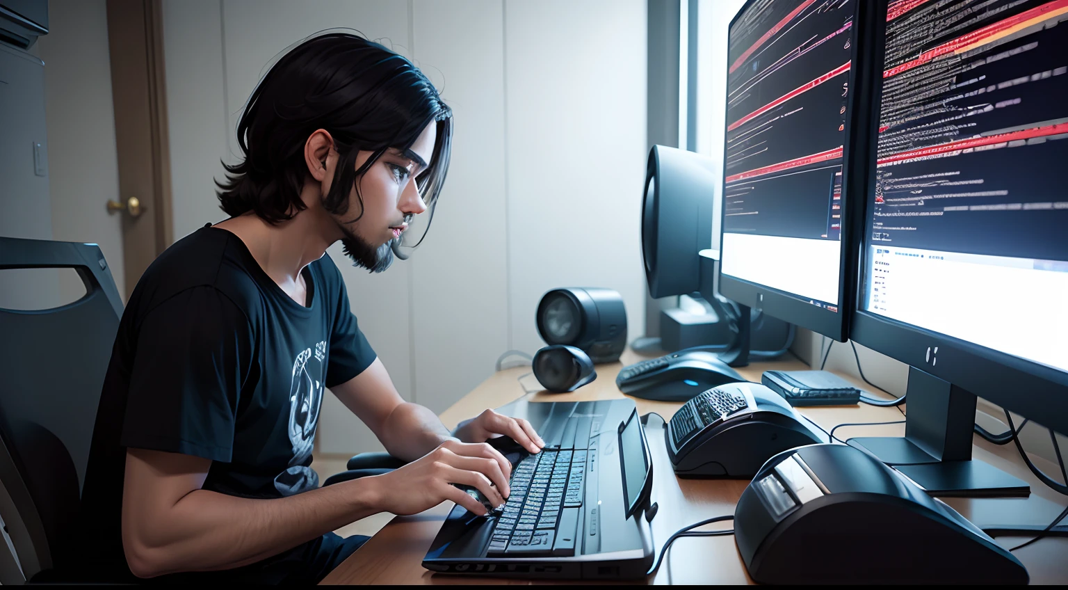 desenvolvedor de jogos, motor de jogo, hands and keyboard, Lines of code on the monitor, realista, anime, programador, pessoa na imagem