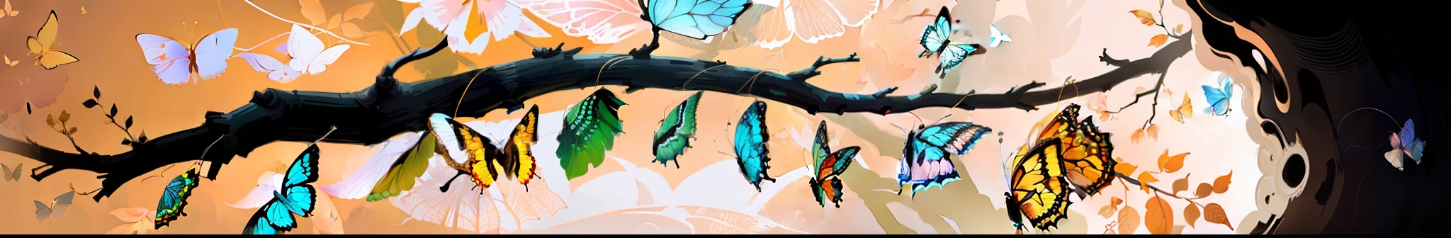 There are many butterflies of different colors hanging from a branch, stylized digital illustration, chrysalis, borboletas e vermes, concept illustartion, digital illustation, color digital illustration, transformation scene, detailed digital illustration, rendered illustration, in illustration style digital, full-colour illustration, illustration detailed, digital illustration -, arte de fundo, full-colour illustration, Brittney Lee, metamorfose