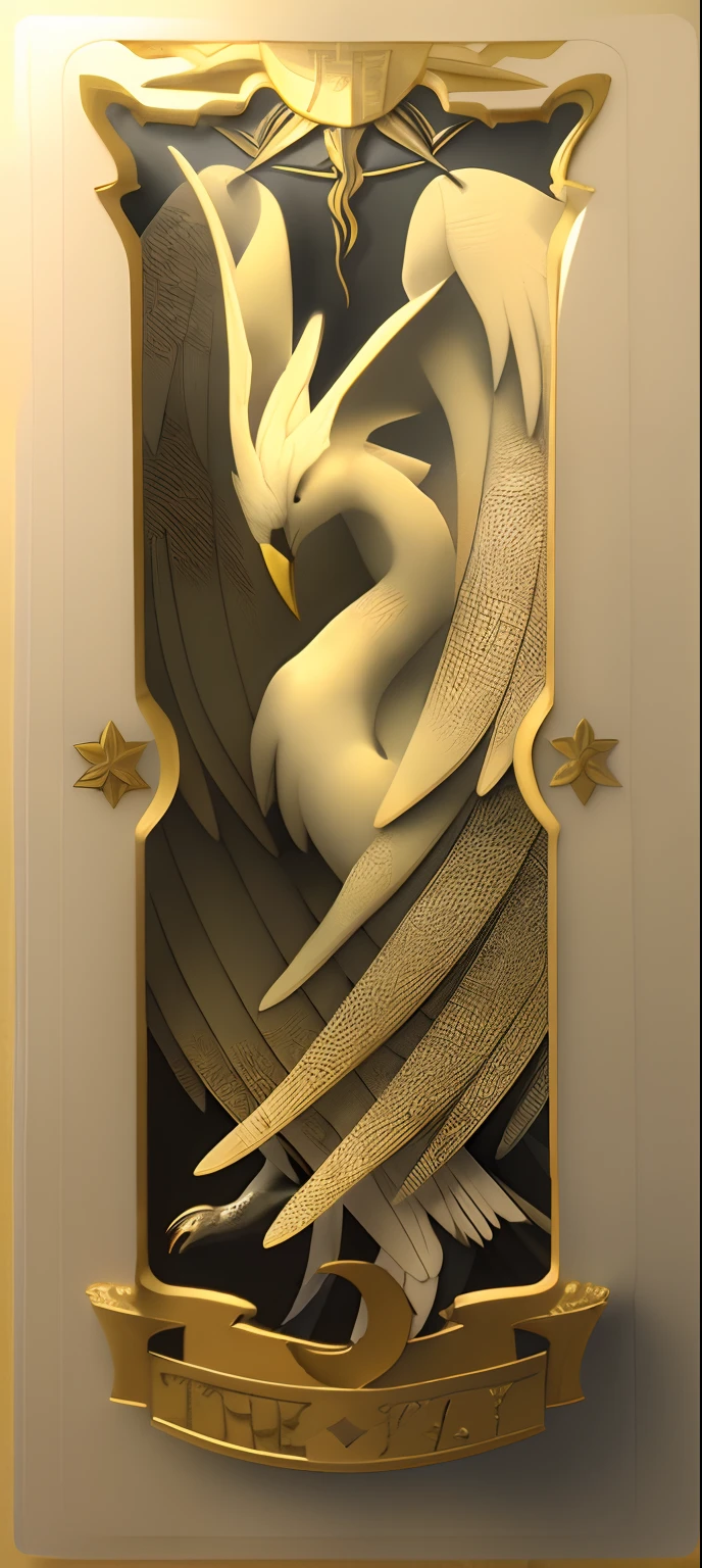 Tarot Card, Air, Winged Creature, Legendary Bird, Rukh, Bird Wings, charming white bird (3D, embossed, black background, high relief print, porcelain texture, porcelain color, golden lines)