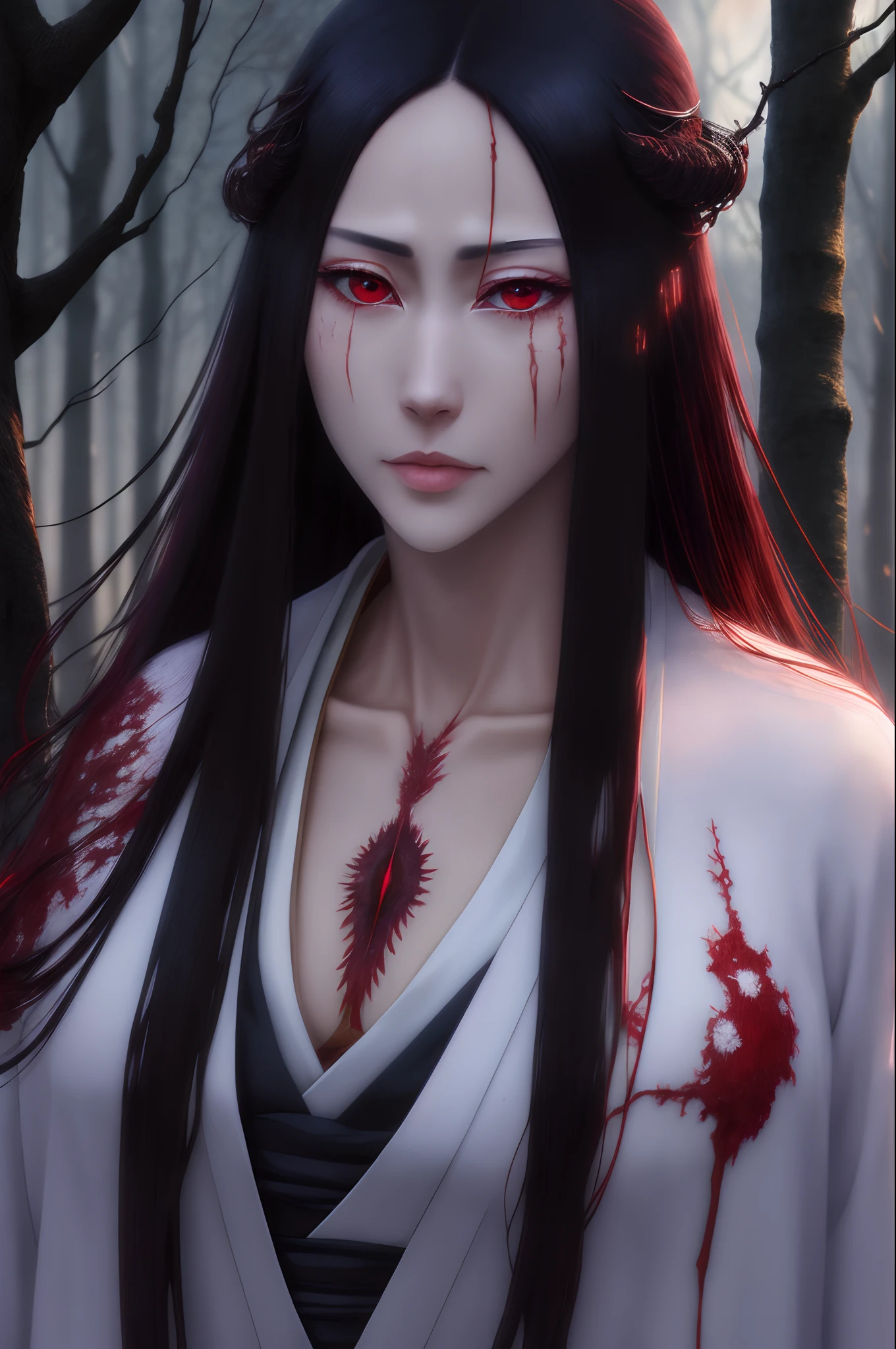 best quality,ultra-detailed,realistic,highres,ulohana solo,white japanese clothes,scar on chest,red eyes,haori,dark forest:1.2,moon,unohana_yachiru_bleach,lora