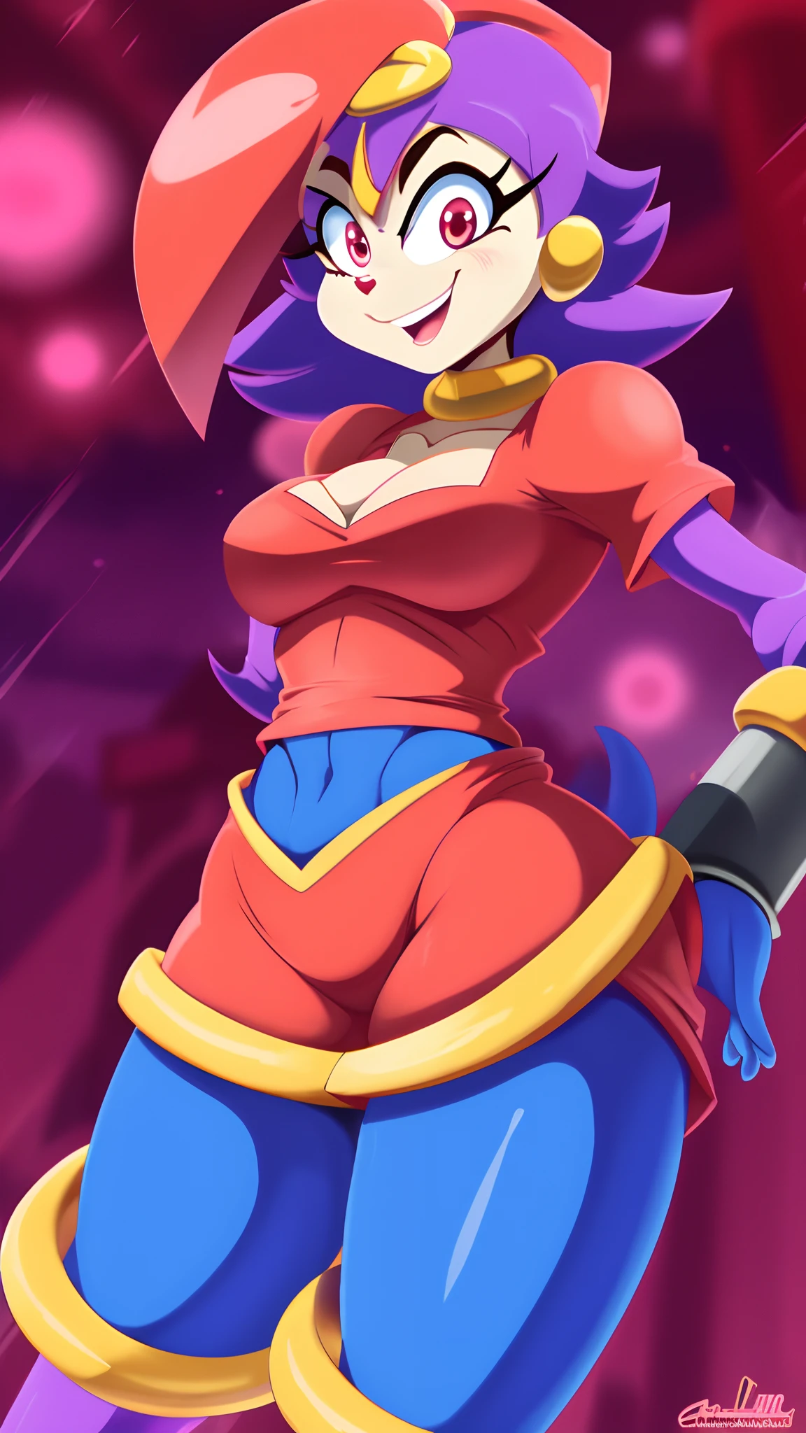 furry female, solo, dot_warner_shoujo, cabelo grande, franja, flor, ornamento do cabelo, olhos azuis, orelhas de animais, pele do corpo, cauda, uniforme escolar, serafuku, saia curta, saia rosa, sorriso, olhando para o espectador, cidade, (shantae_styleAI: 0.9),