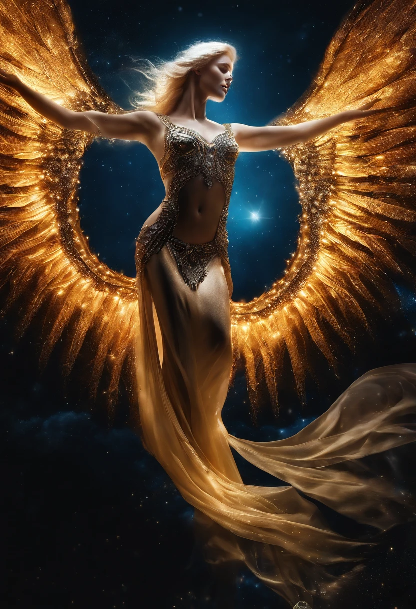 Cosmic Fallen Angel, Bright and clear eyes, Biomechanicals, the strange, fearsome, nightmare, The colors are very vivid, Light particles, There is bright light, Mshiv, wallpaper art, ultra HD wallpaper,natta,with black background,The light from the rear window is backlit
