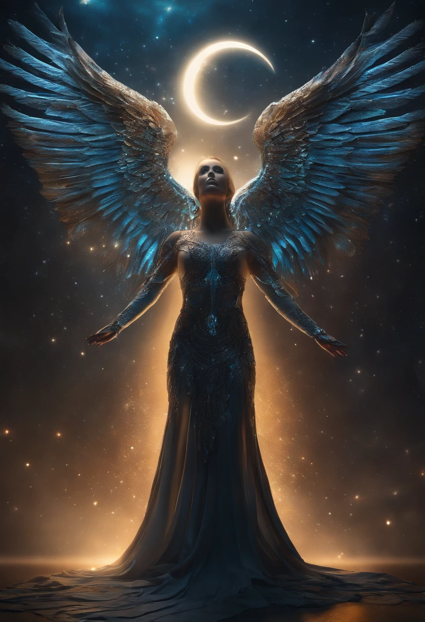Cosmic Fallen Angel, Glowing light eyes, biomechanical, eldritch, Creepy, nightmarish, Very bright colors, light particles, with luminous light, Mshiff, Wallpaper Art, UHD wallpaper