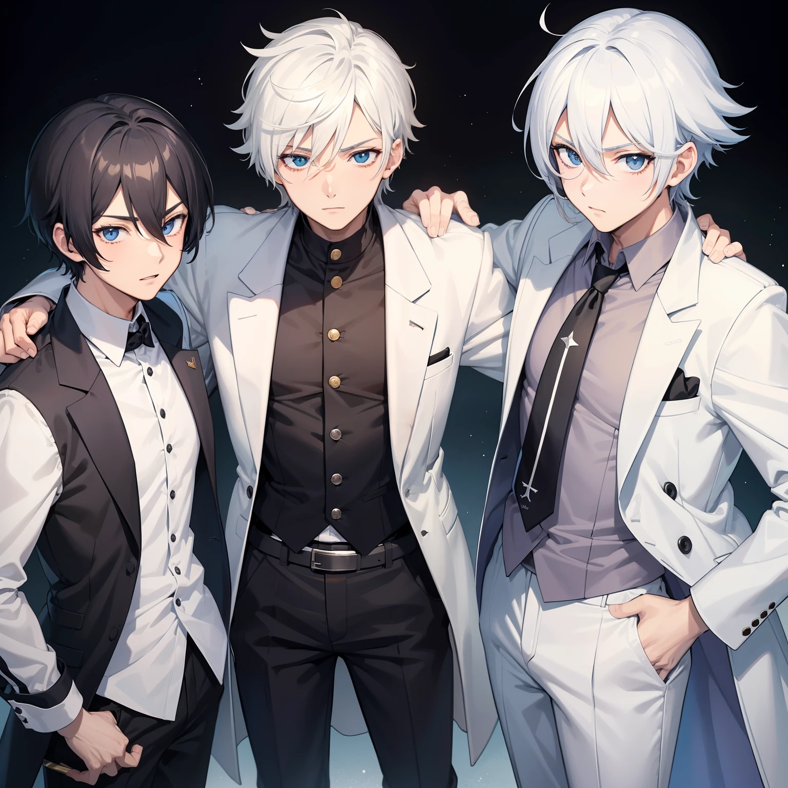 Four male figures, one with black hair, eyes, and clothing. One with white hair, eyes, and clothing. One with blue eyes, hair, and clothing. The final one with brown eyes, hair, and clothing.