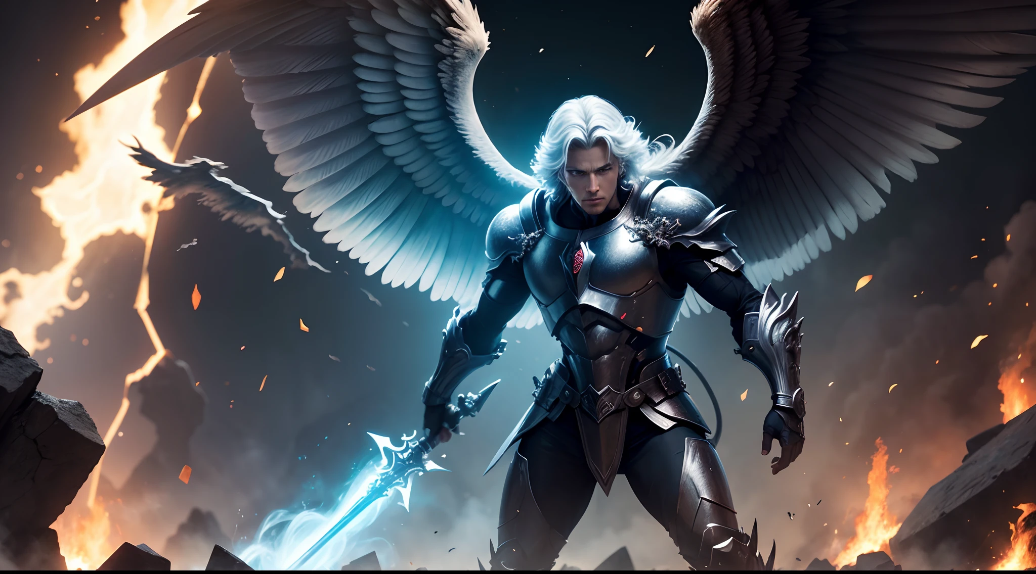 Fearless White Male Angel, pointing right index finger, full body, with avenging great sword, Apocalypse, dooms day, Illustration, cinematic light, high resolution, best quality, ultra detailed, masterpiece,