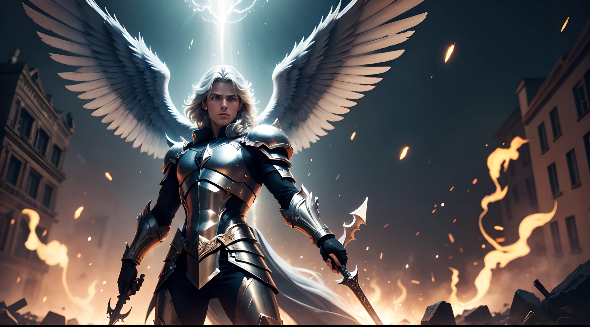 Archangel Michael is the Leader of God's angels, character of the Archangel Michael of the Bible, image of Archangel Michael fighting the Dragon, Chaotic background in destruction of the end of the world, The image is rendered in the highest quality, maximum details, Maxim Qaulidade, featuring maximum lighting detail, imagem realista, Maximum realism, Texture and overall composition.