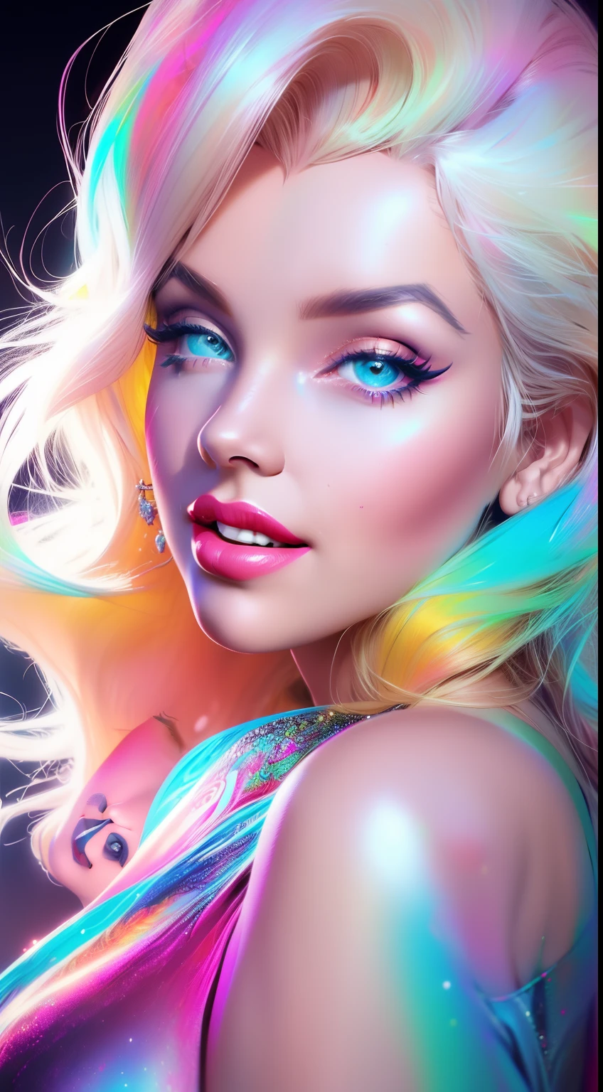 Marilyn Monroe al estilo de Lois van Baarle, colores brillantes en la cara, cuerpo completo,Flowing psychedelic hair, cuerpo perfecto, beautiful figure Airbrush Digital Art, Airbrush Digital Painting, Cabello fractal, Magnificent digital art, Impresionante arte digital